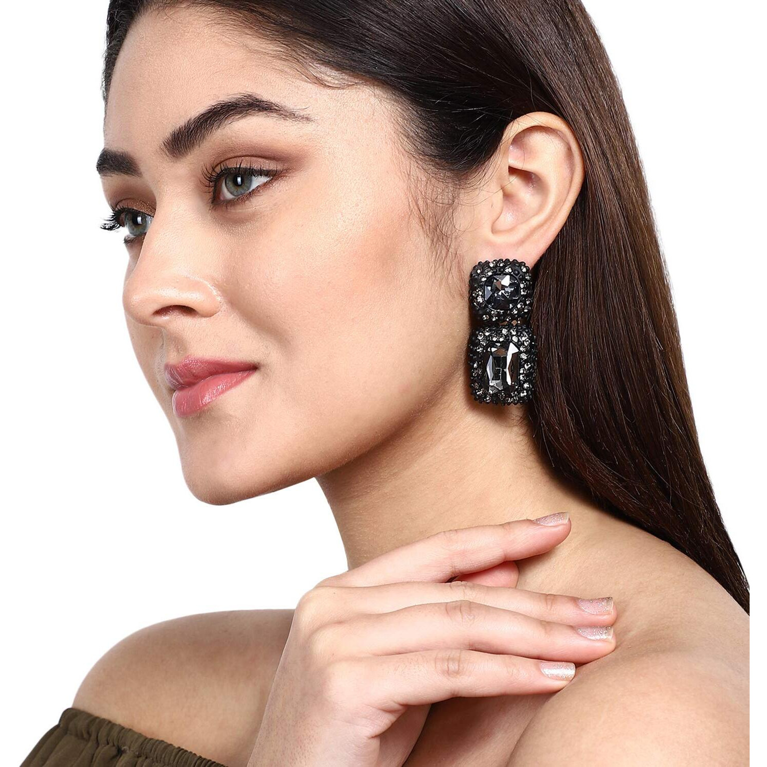 Shining Diva Fashion Latest Stylish Non Precious Base Metal Traditional Crystal Dangler Earrings for Women (Black, 11206er)