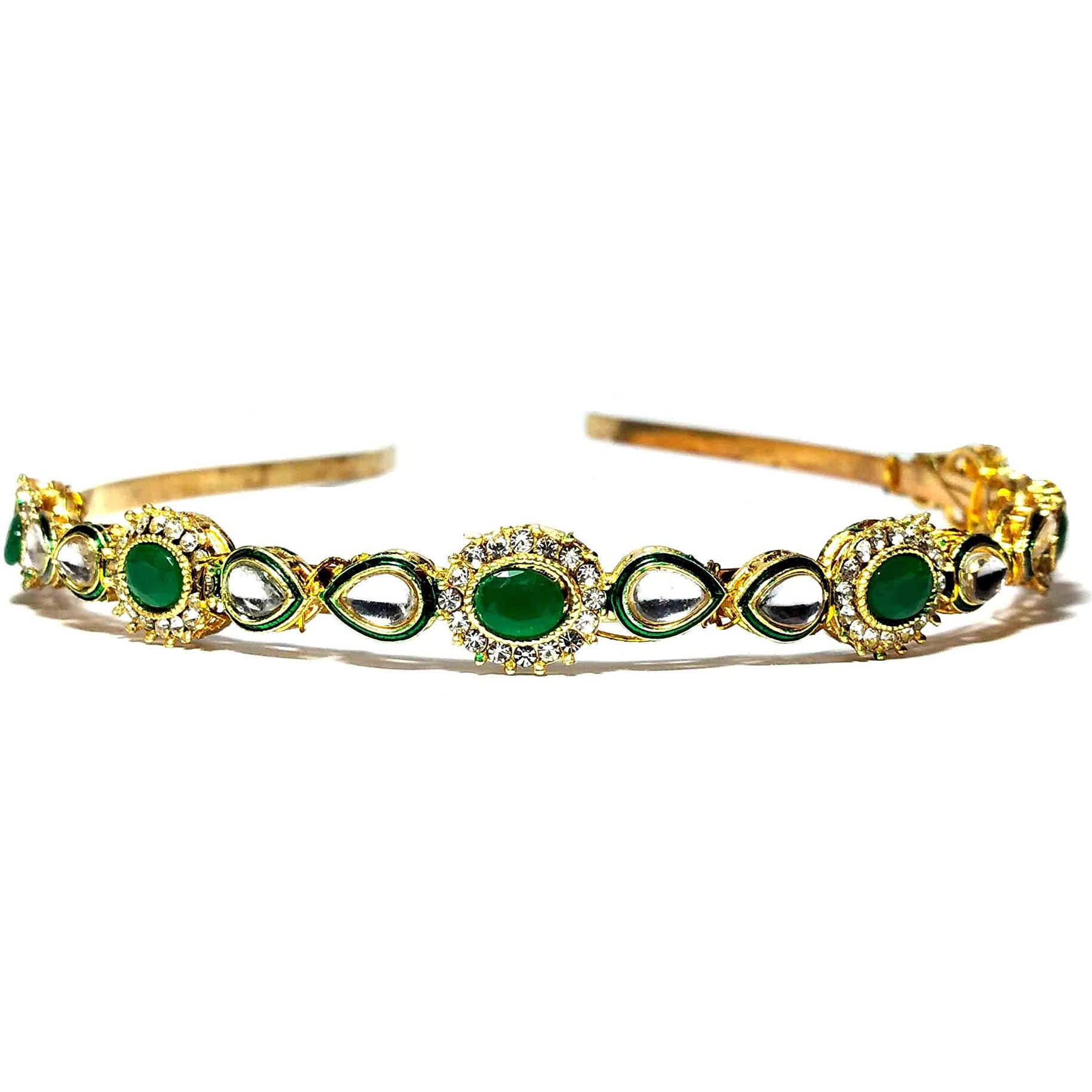 Pinoozclub Kundan Gold Plated Hair Band for Women and Girls/Bride (Green&Gold)