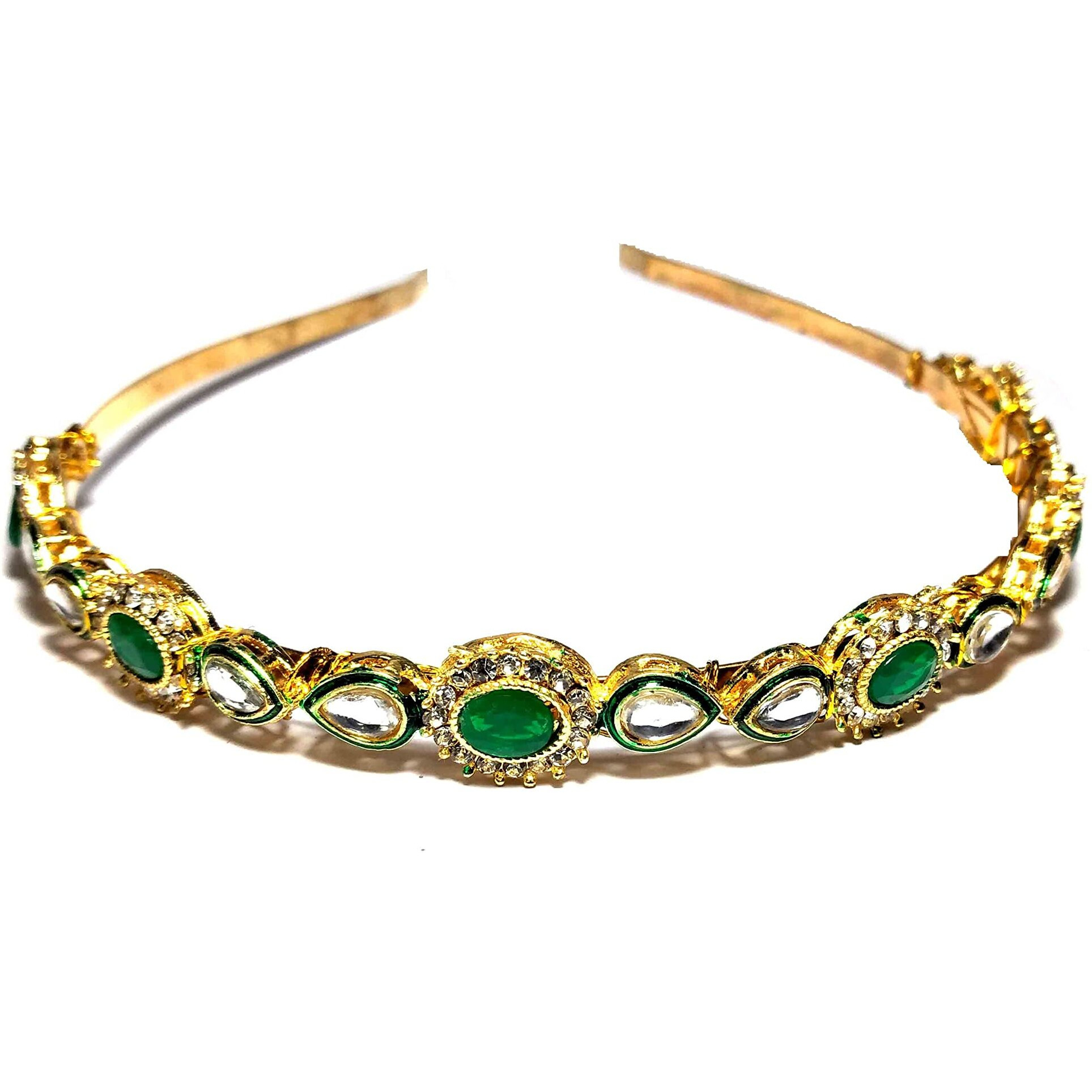 Pinoozclub Kundan Gold Plated Hair Band for Women and Girls/Bride (Green&Gold)