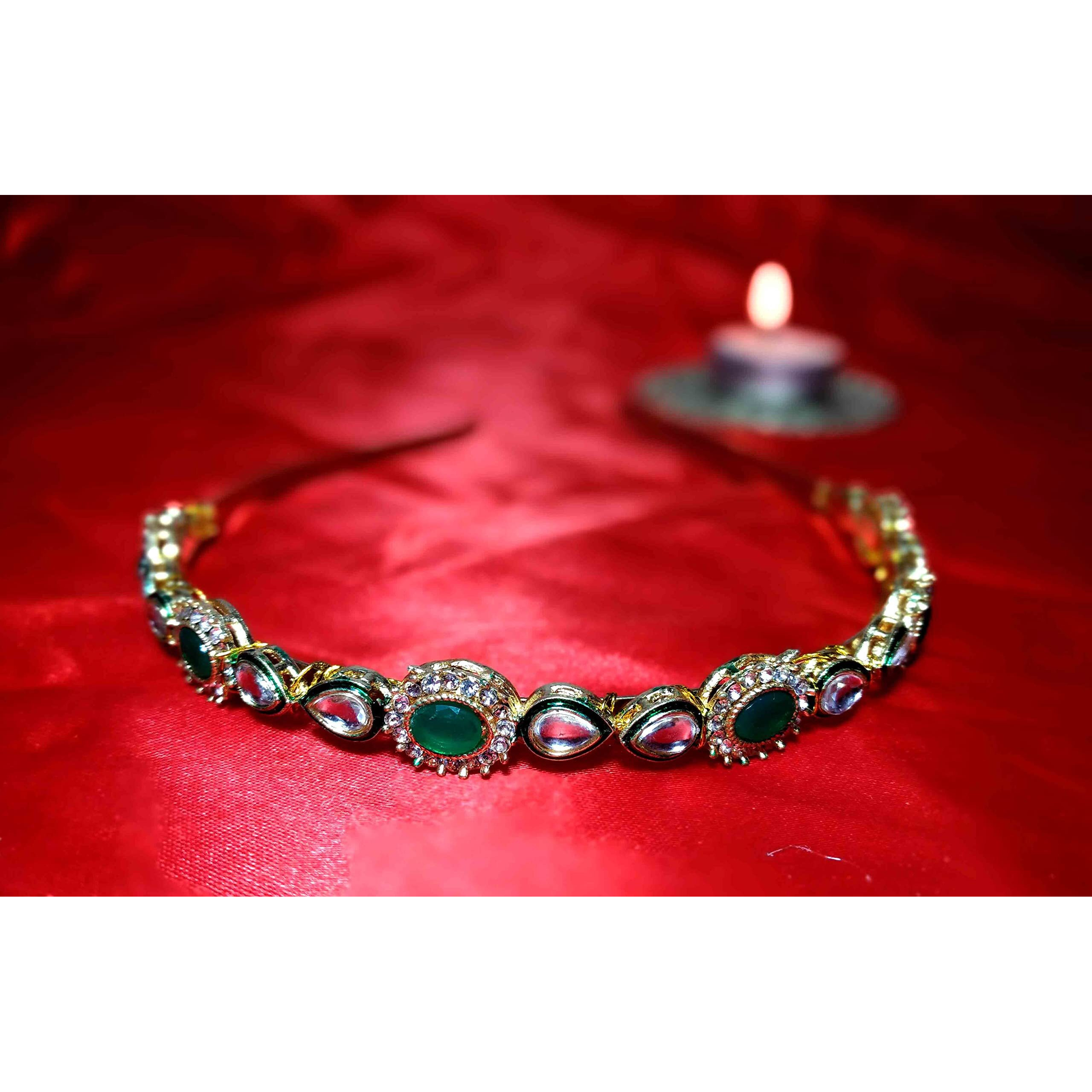 Pinoozclub Kundan Gold Plated Hair Band for Women and Girls/Bride (Green&Gold)