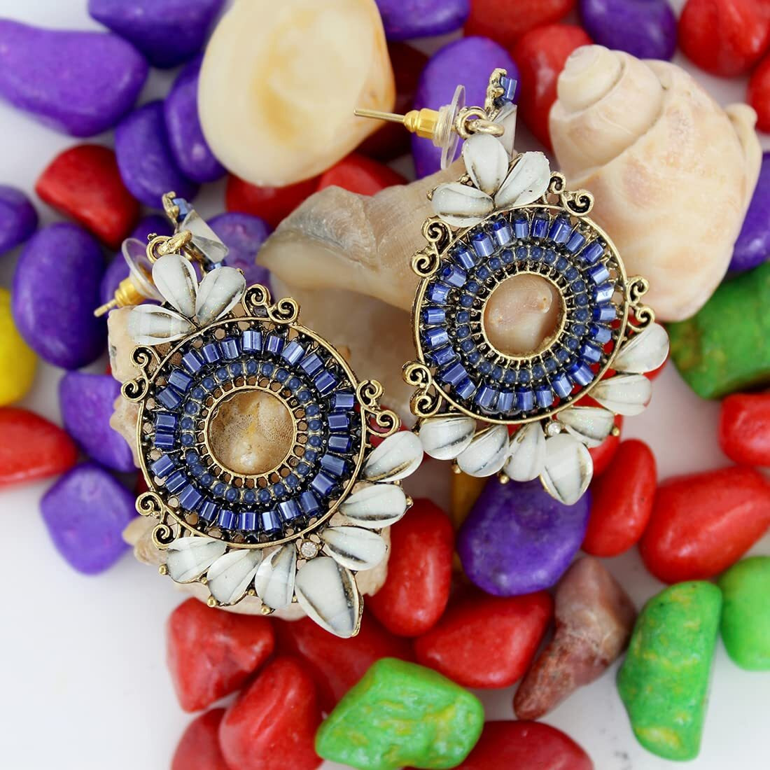 Nakabh Ethnic Gold Plated Oxidised Alloy Jhumki Earrings for Women Stylish (Design 02 (White))