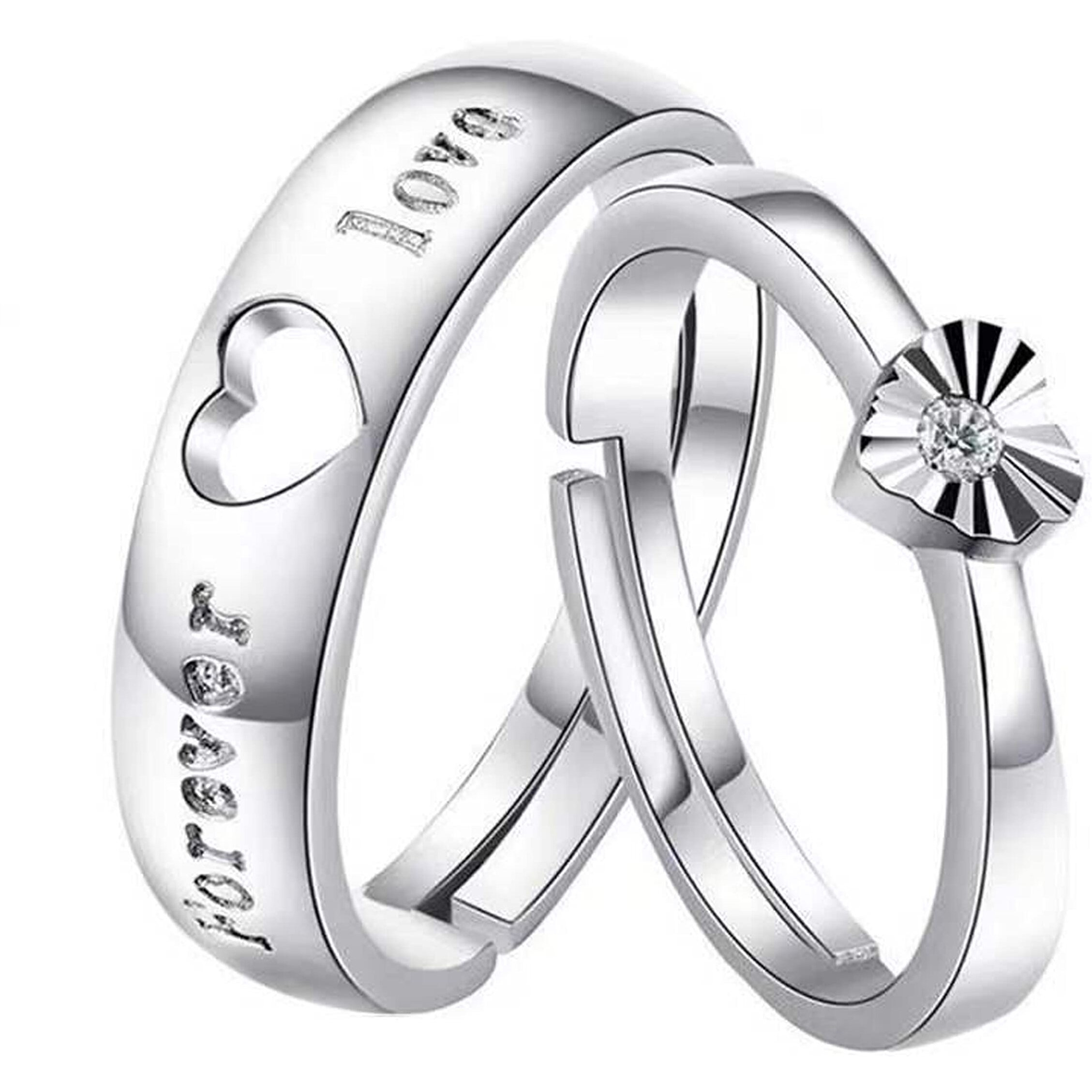 Fashion Frill Delicate Rings For Women Crystal Silver Plated Heart Design Adjustable Silver Ring Finger Couple Ring For Women Girls Men Boys Rings Wife Girlfriend Valentine Classic