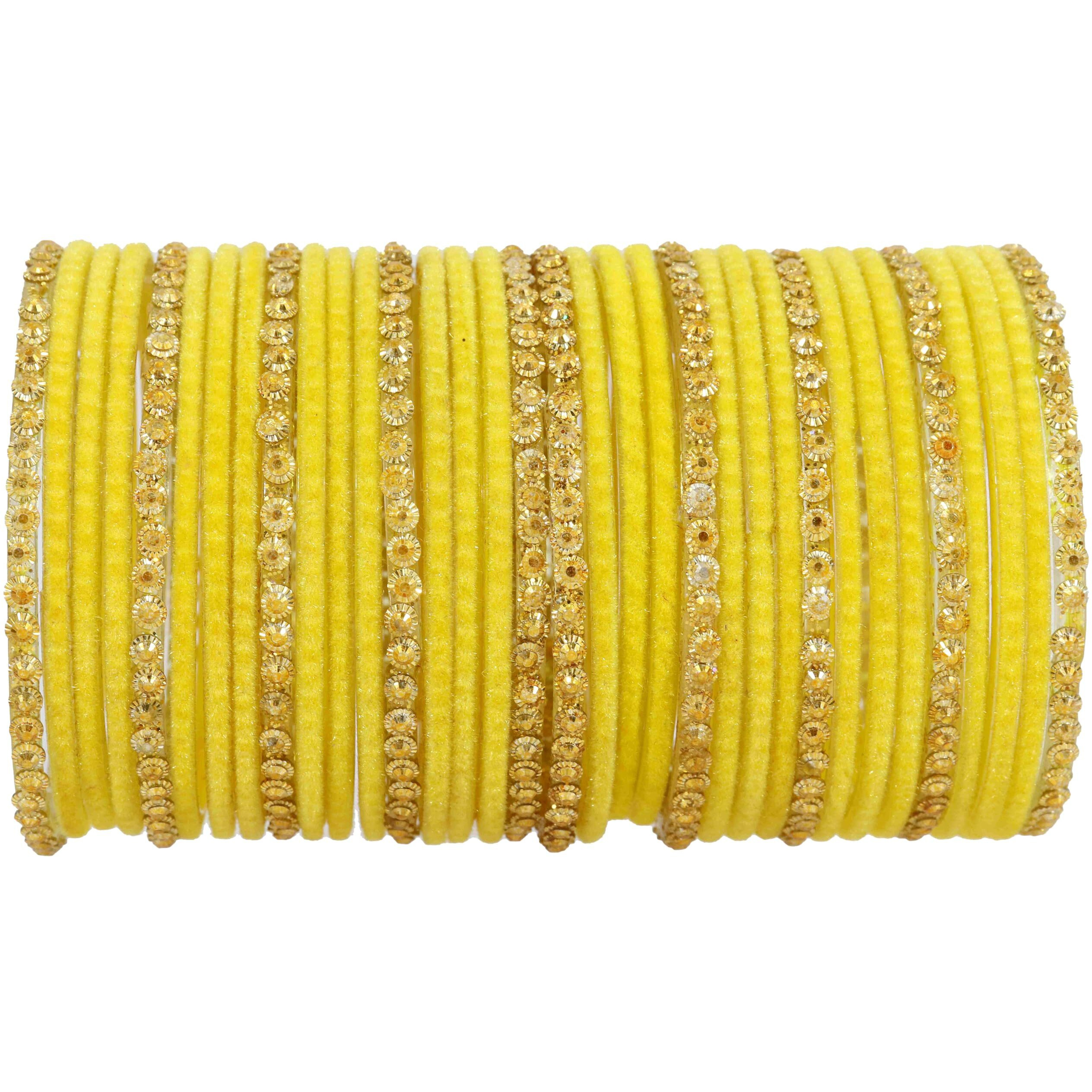 NMII Stylish Glass & Golden Beads Velvet Bangle Set For Women and Girls | Fancy Womens Bangles | Traditional Chudi Set, (F133_Guddan-(3)-Yellow-2.6 Inches)