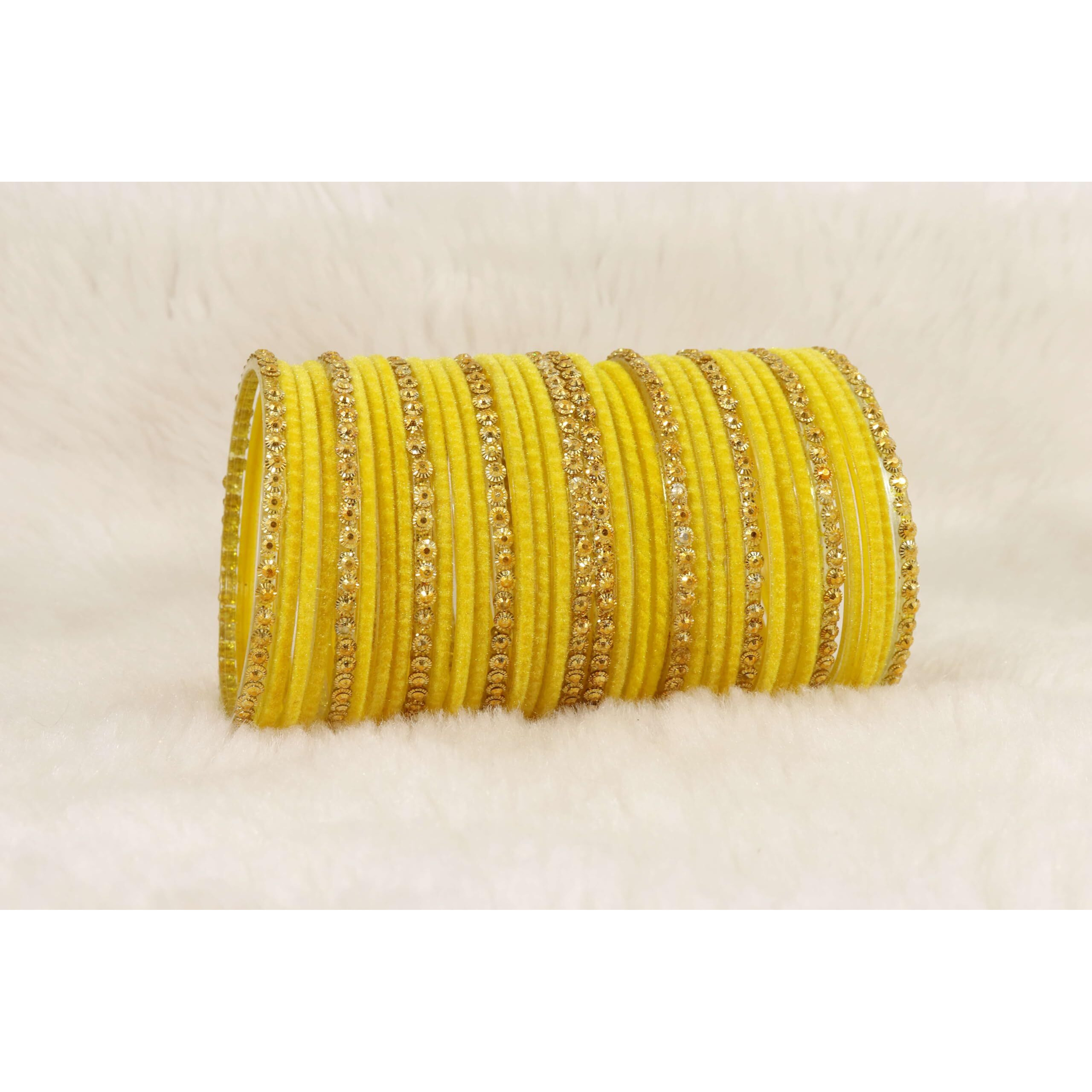NMII Stylish Glass & Golden Beads Velvet Bangle Set For Women and Girls | Fancy Womens Bangles | Traditional Chudi Set, (F133_Guddan-(3)-Yellow-2.6 Inches)