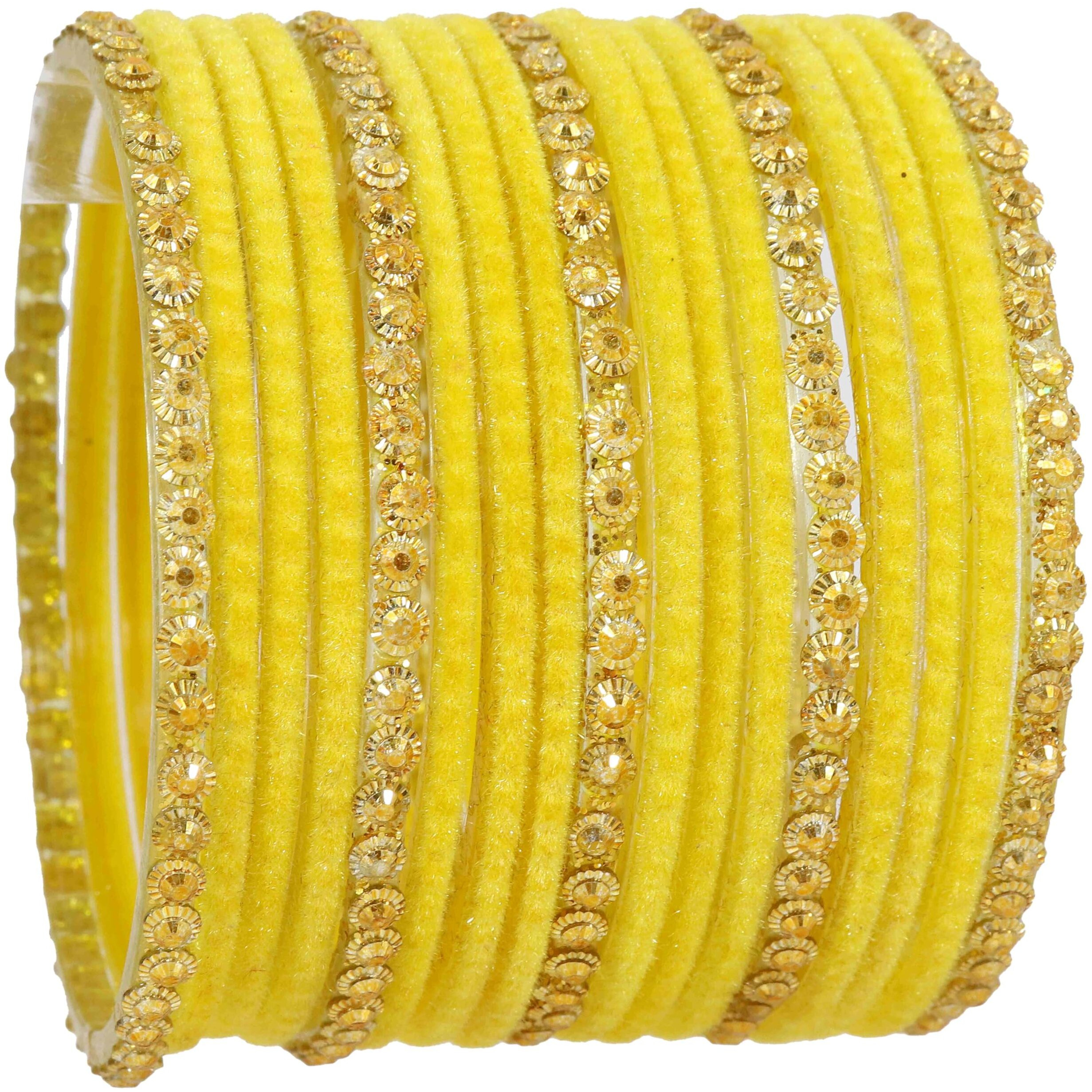 NMII Stylish Glass & Golden Beads Velvet Bangle Set For Women and Girls | Fancy Womens Bangles | Traditional Chudi Set, (F133_Guddan-(3)-Yellow-2.6 Inches)