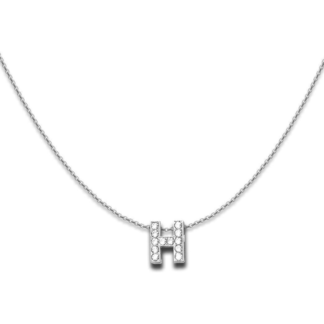 Glittery Diamond Letter H Pendant with Shiny Silver Polish Chain, H Initial Charm