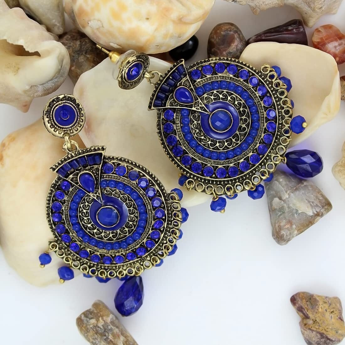 Nakabh Ethnic Gold Plated Oxidised Alloy Jhumki Earrings for Women Stylish (Design 05 (Blue))