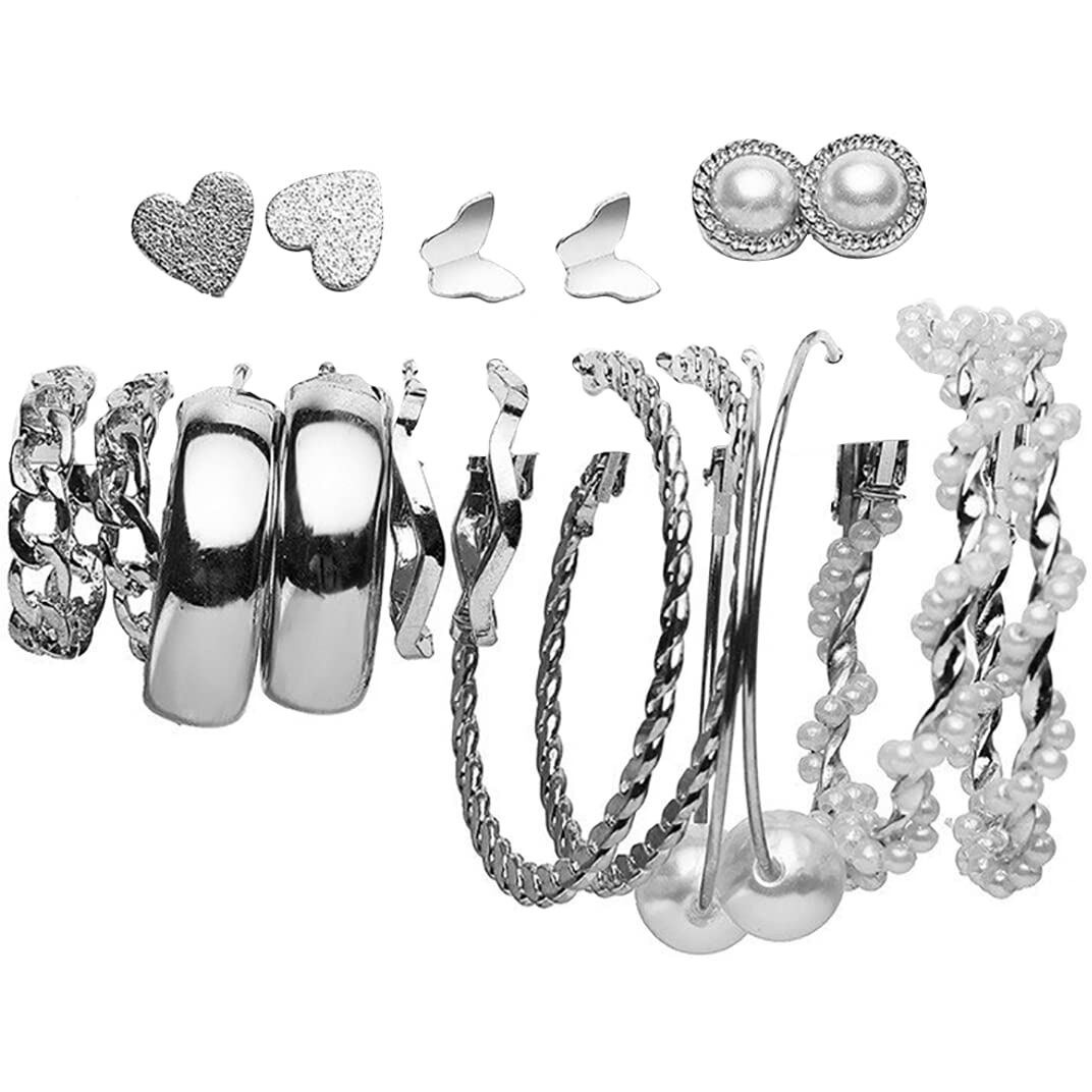Jewels Galaxy Jewellery For Women Silver Plated Silver-Toned Contemporary Hoop Earrings Set of 9 (JG-PC-ERGT-8731)