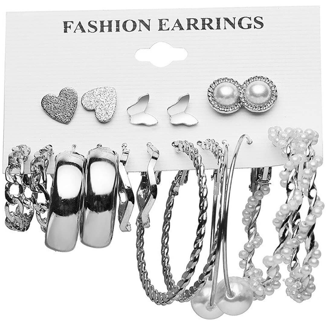 Jewels Galaxy Jewellery For Women Silver Plated Silver-Toned Contemporary Hoop Earrings Set of 9 (JG-PC-ERGT-8731)