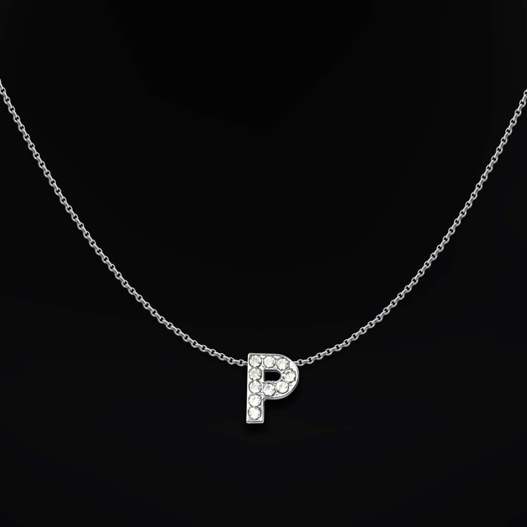 Glittery Diamond Letter P Pendant with Shiny Silver Polish Chain, P Initial Charm