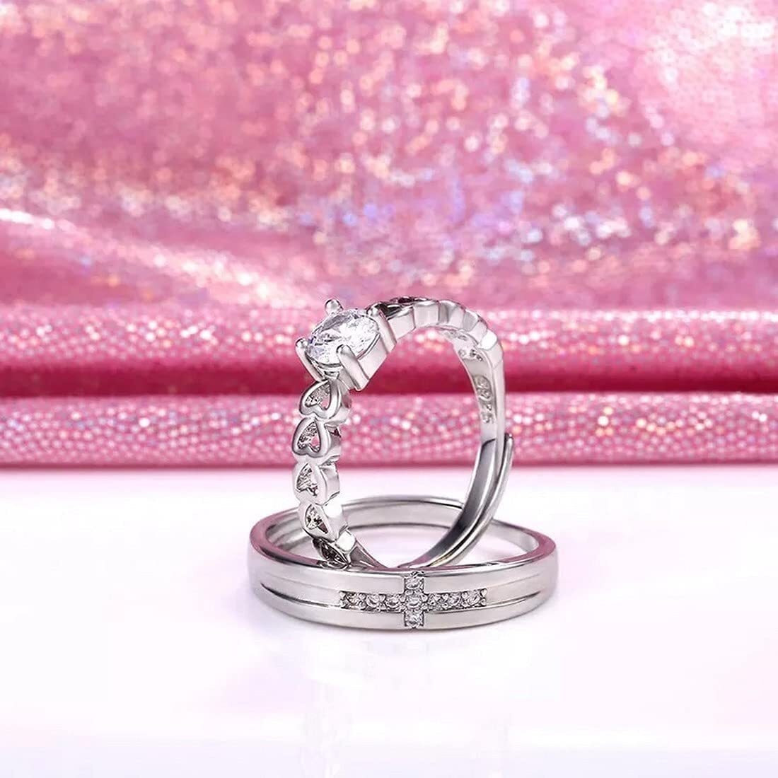 Fashion Frill Delicate Rings For Women Crystal Silver Plated Heart Design Adjustable Silver Ring Finger Couple Ring For Women Girls Men Boys Rings Wife Girlfriend Valentine (American)
