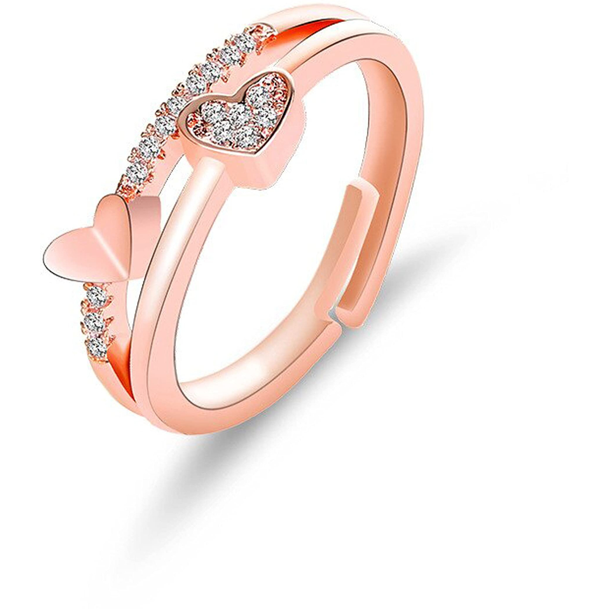 Fashion Frill Mesmerizing Heart Design American Diamond Rose Gold Plated Adjustable Ring For Women & Girls