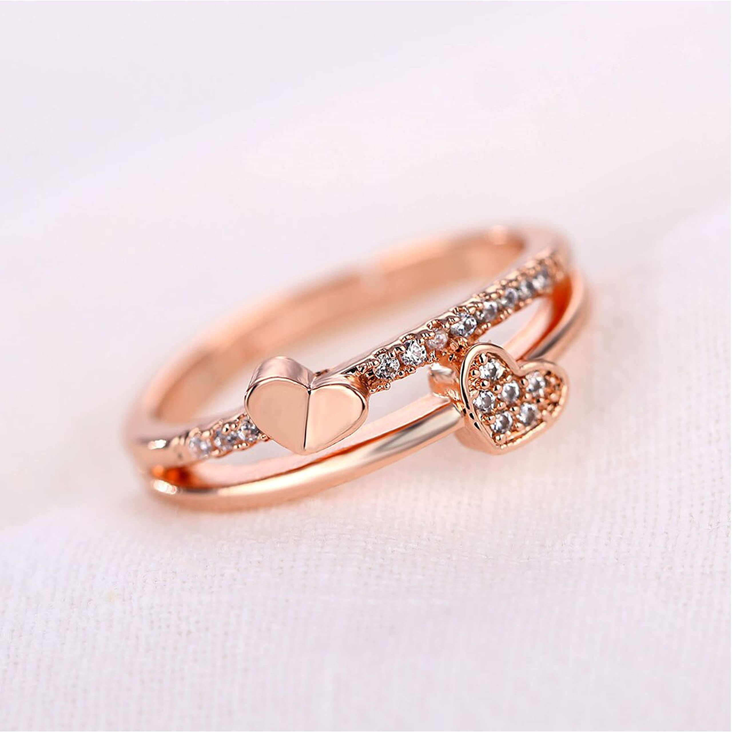 Fashion Frill Mesmerizing Heart Design American Diamond Rose Gold Plated Adjustable Ring For Women & Girls