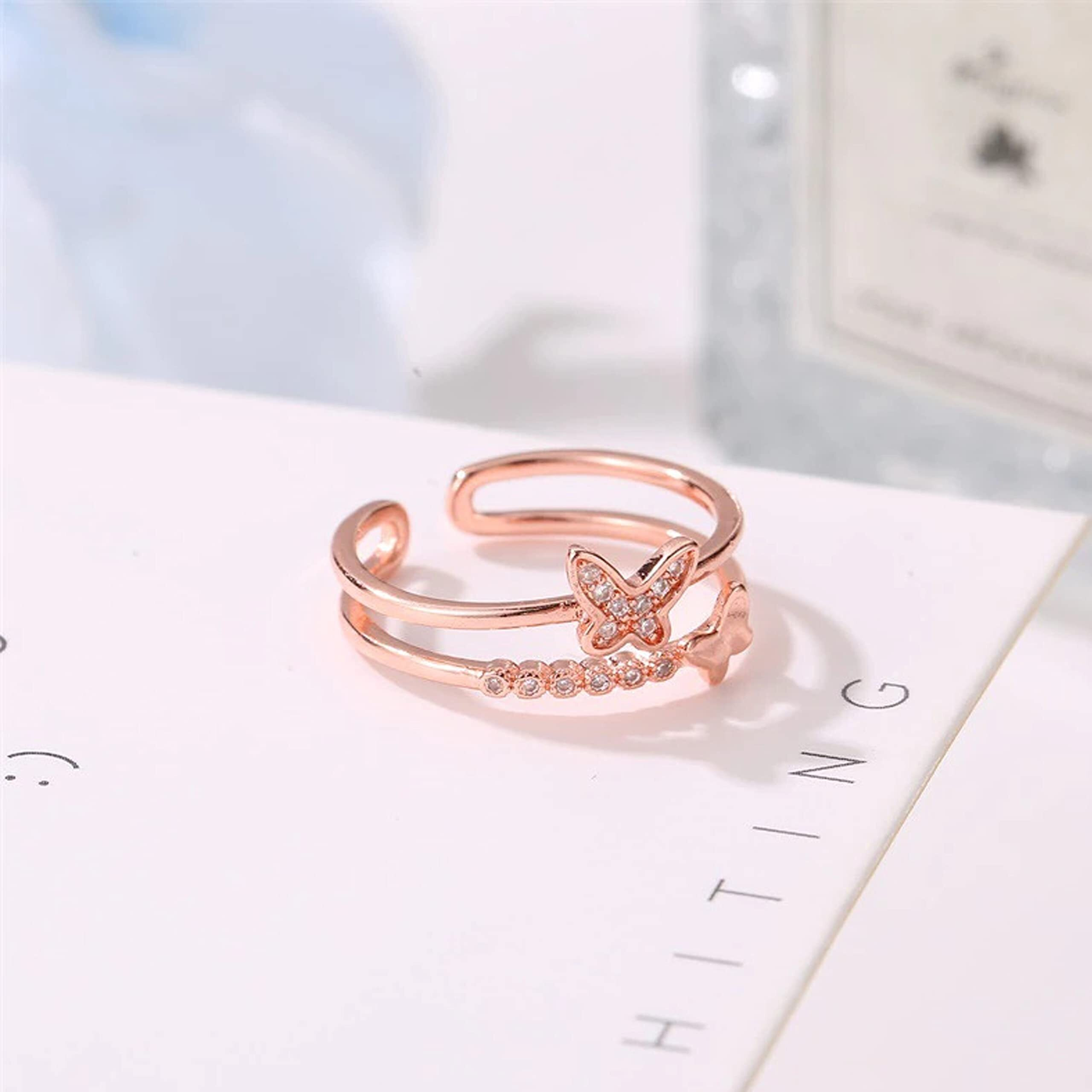 Fashion Frill Exclusive Butterfly Design American Diamond Rose Gold Plated Adjustable Ring For Women & Girls