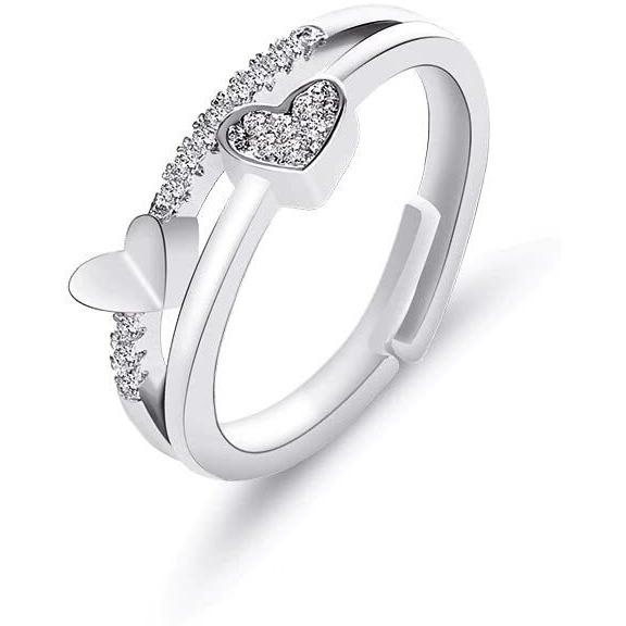 Fashion Frill Mesmerizing Heart Design American Diamond Platinum Plated Adjustable Ring For Women & Girls