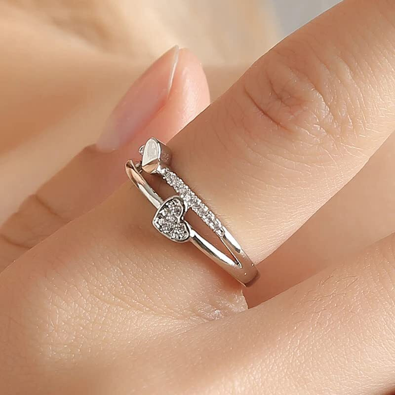 Fashion Frill Mesmerizing Heart Design American Diamond Platinum Plated Adjustable Ring For Women & Girls