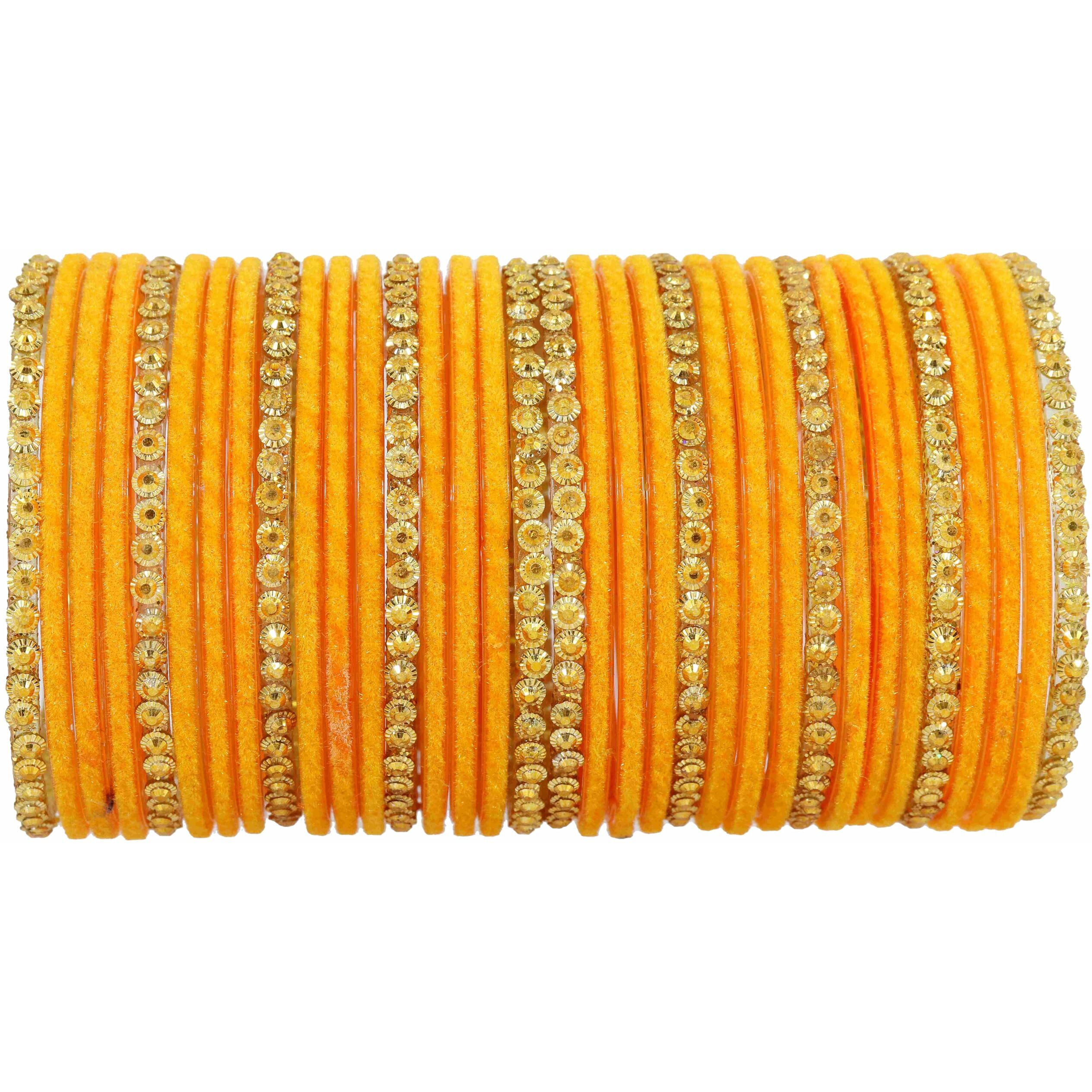 NMII Stylish Glass & Golden Beads Velvet Bangle Set For Women and Girls | Fancy Womens Bangles | Traditional Chudi Set, (F133_Guddan-(3)-Orange-2.2 Inches)