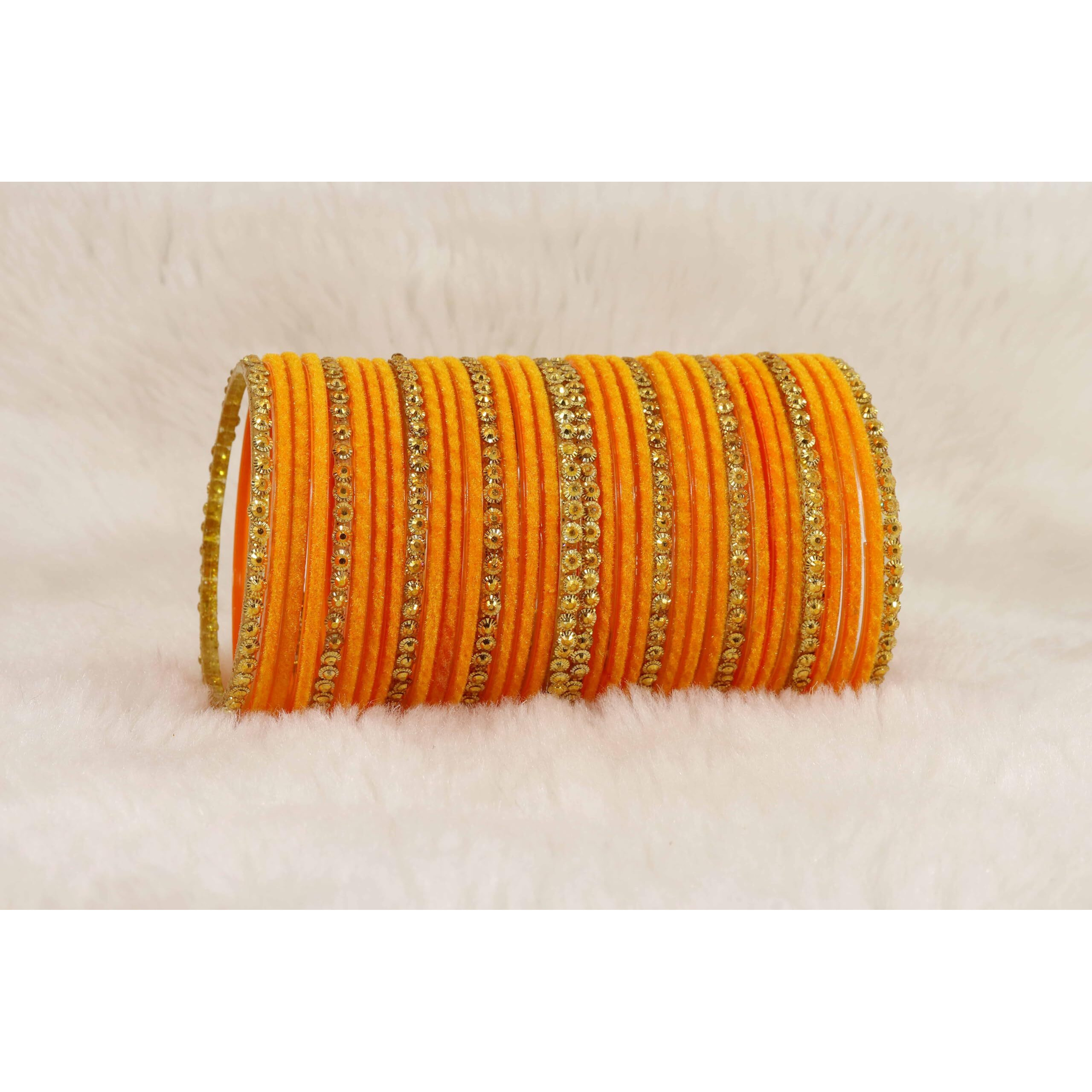 NMII Stylish Glass & Golden Beads Velvet Bangle Set For Women and Girls | Fancy Womens Bangles | Traditional Chudi Set, (F133_Guddan-(3)-Orange-2.2 Inches)