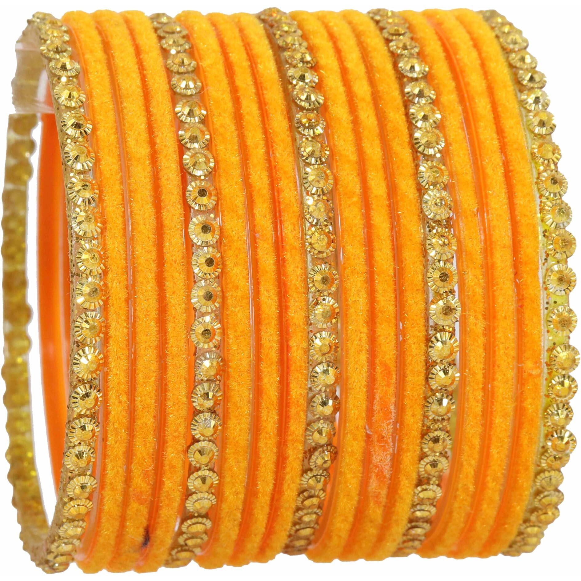 NMII Stylish Glass & Golden Beads Velvet Bangle Set For Women and Girls | Fancy Womens Bangles | Traditional Chudi Set, (F133_Guddan-(3)-Orange-2.2 Inches)