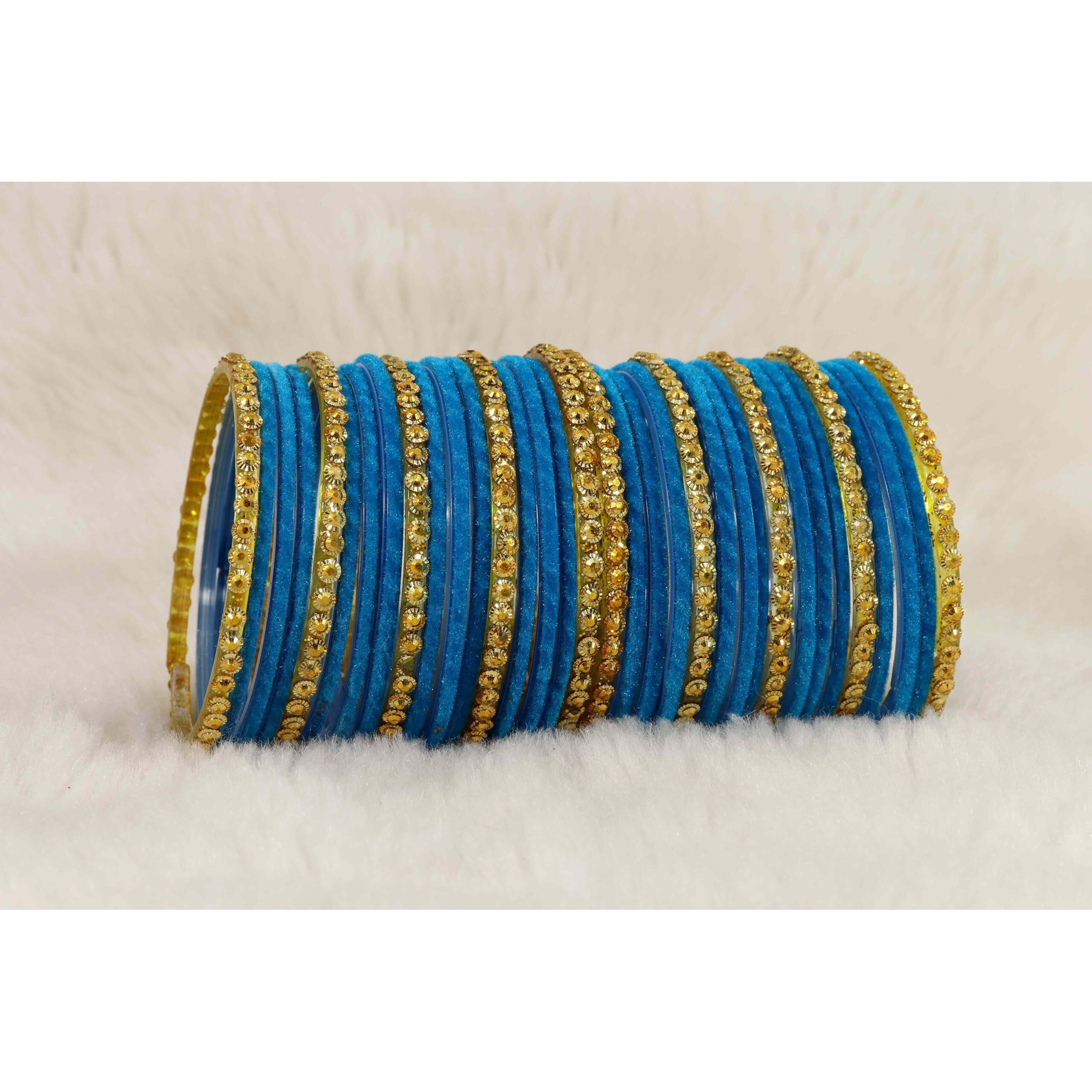 NMII Stylish Glass & Golden Beads Velvet Bangle Set For Women and Girls | Fancy Womens Bangles | Traditional Chudi Set, (F133_Guddan-(3)-SkyBlue-2.6 Inches)