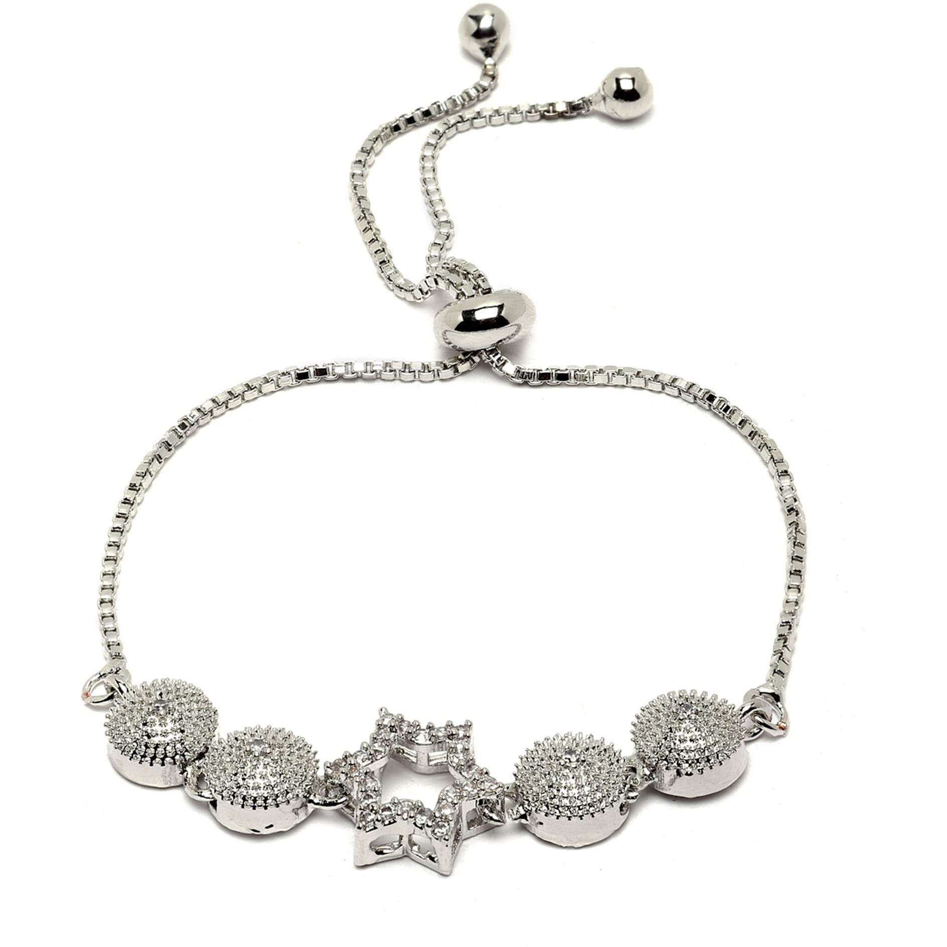 ZENEME Bracelet Rhodium-Plated Silver Toned White American Diamond Studded Heart Shaped Adjustable Bracelet for Women and Girls