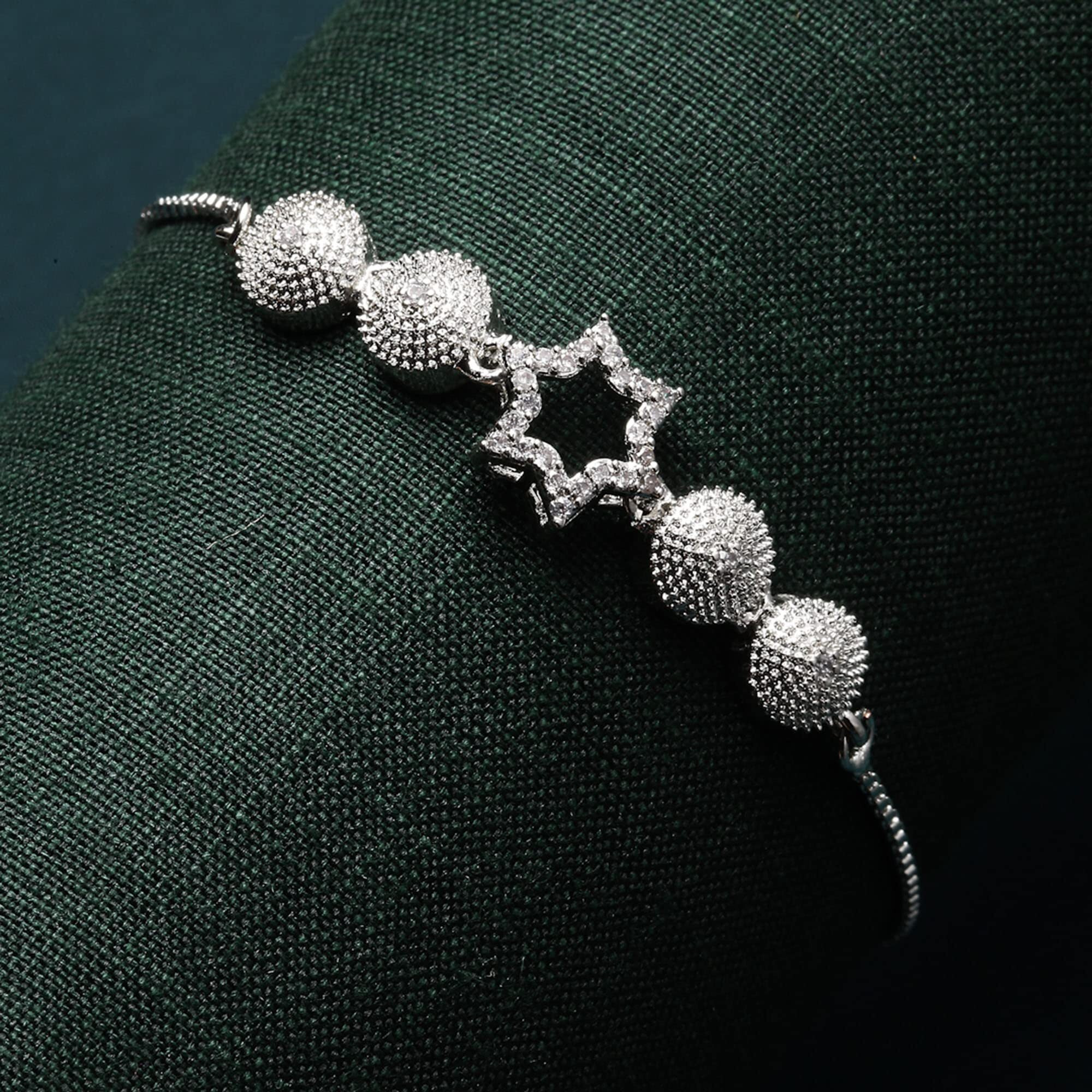 ZENEME Bracelet Rhodium-Plated Silver Toned White American Diamond Studded Heart Shaped Adjustable Bracelet for Women and Girls