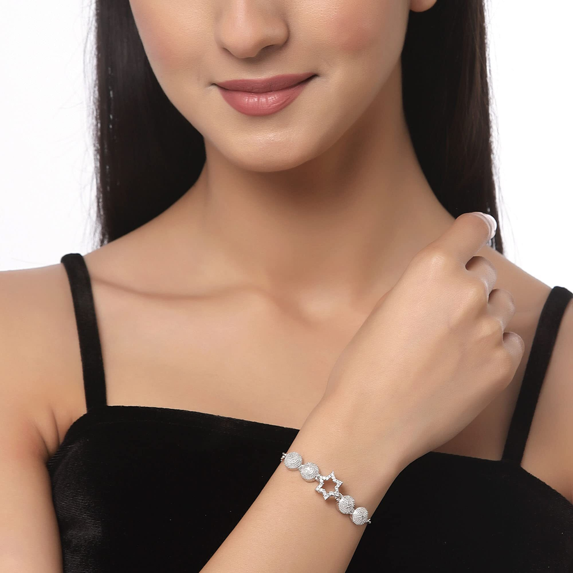 ZENEME Bracelet Rhodium-Plated Silver Toned White American Diamond Studded Heart Shaped Adjustable Bracelet for Women and Girls