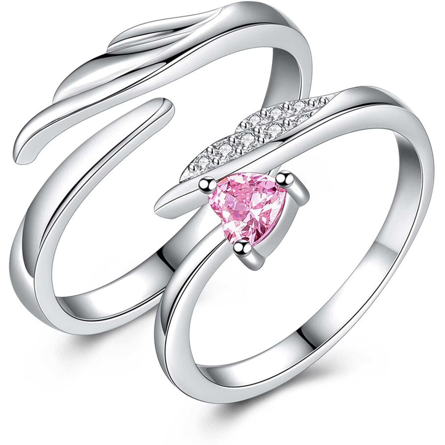 Fashion Frill Delicate Rings For Women Crystal Silver Plated Heart Design Adjustable Silver Ring Finger Couple Ring For Women Girls Men Boys Rings Wife Girlfriend Valentine