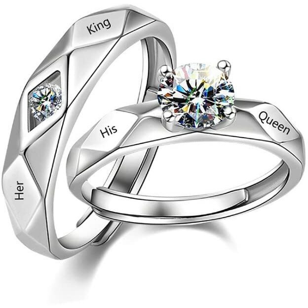 Fashion Frill Romantic Her King Her Queen Ring Crystal Silver Plated Stainless Steel Couple Ring For Women Girls Men Boys