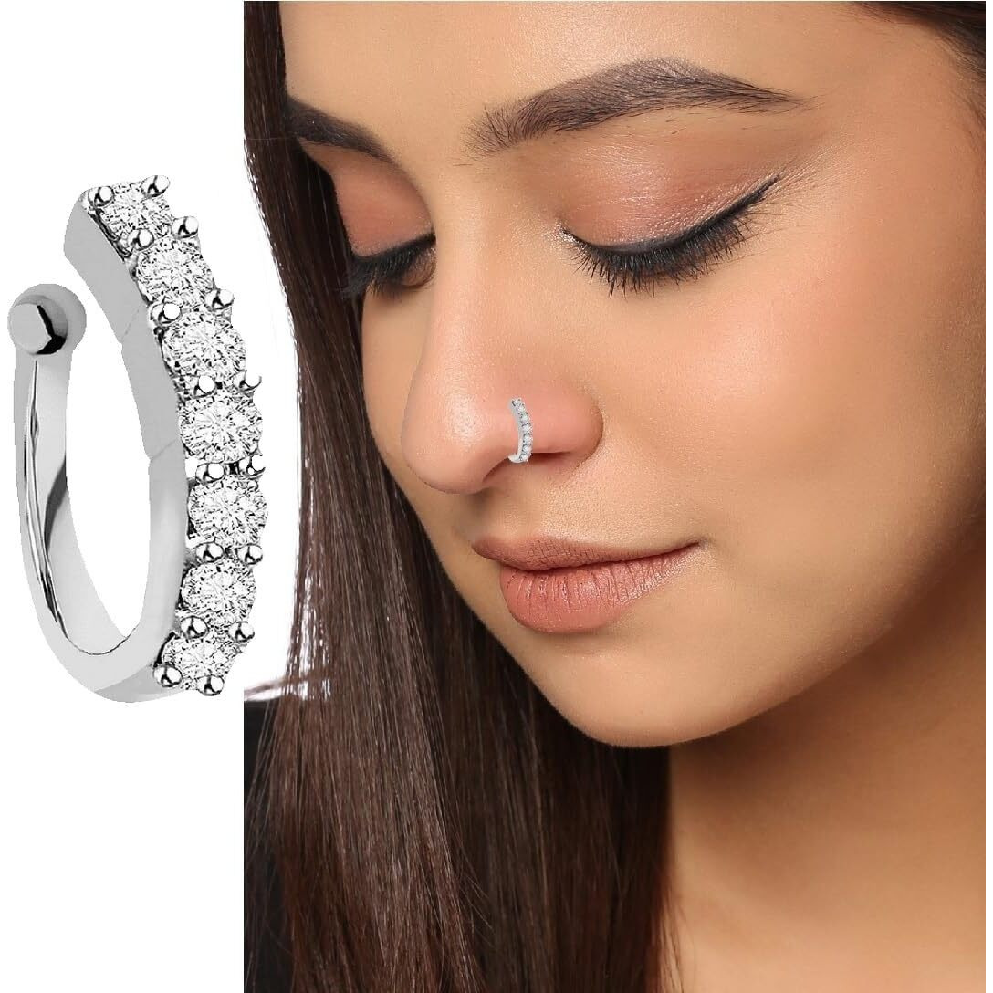 VAMA FASHIONS Without Piercing Clip on Nose pin without Hole Pressing Type Press Nose ring Stud for Women (silver nose pin without piercing)
