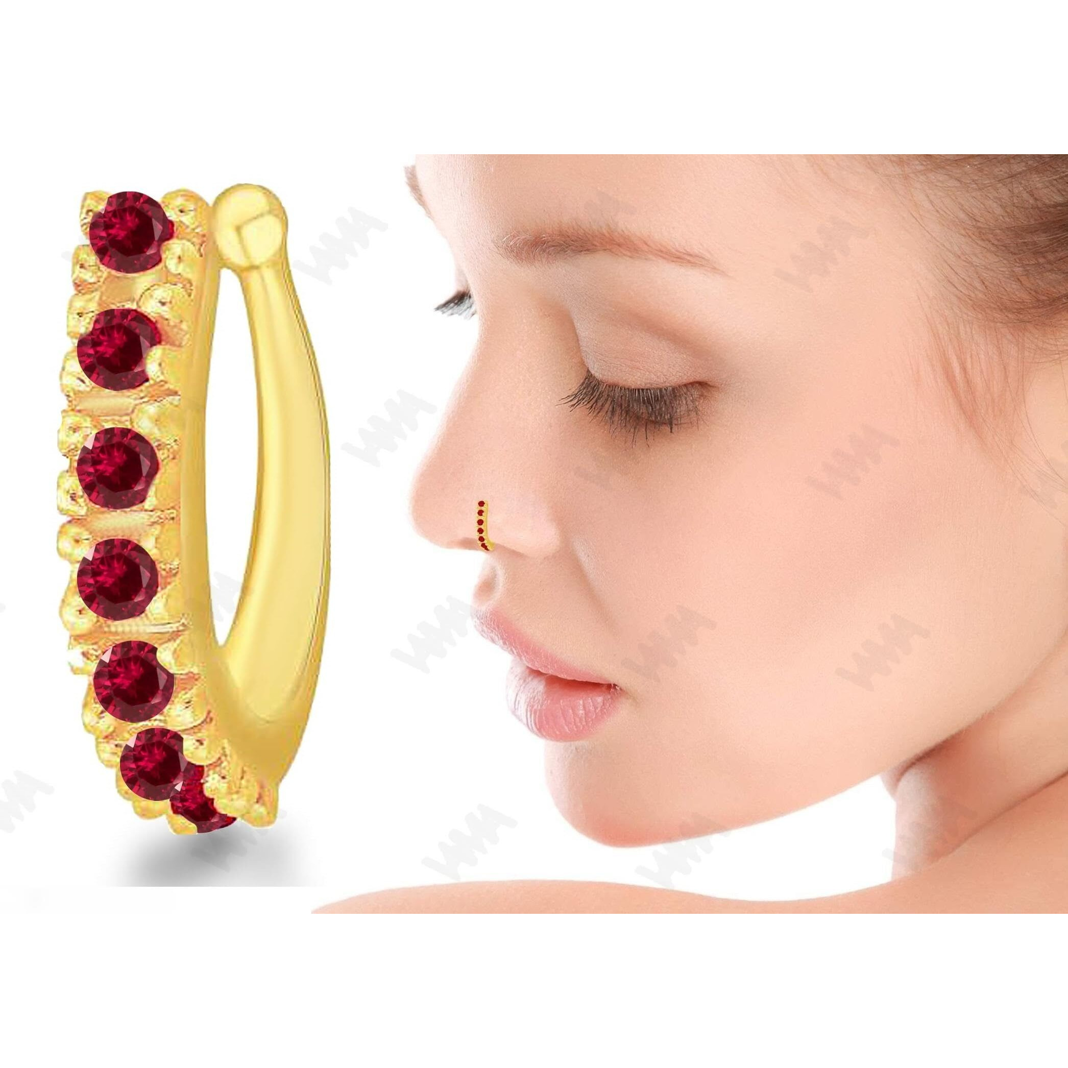 VAMA FASHIONS Without Piercing Clip on Nose pin without Hole Pressing Type Press Nose ring Stud for Women (Ruby Nose Ring Gold)