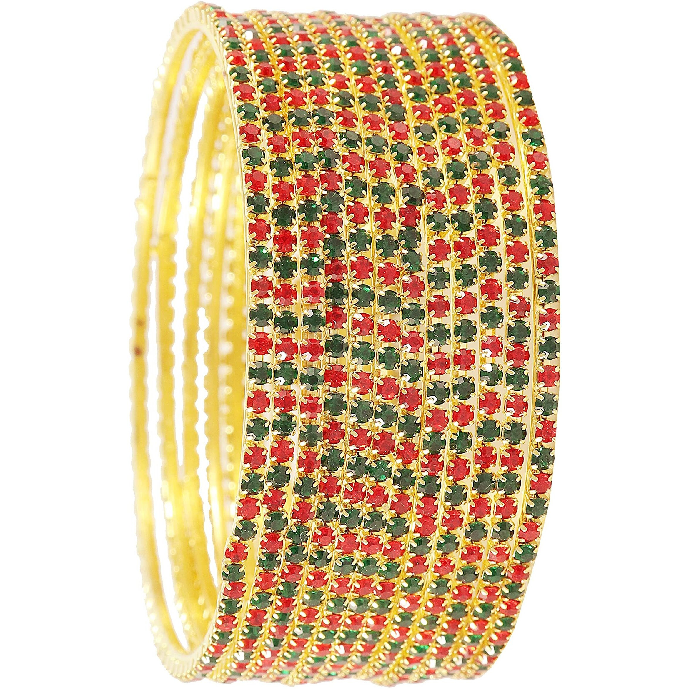 ZULKA Non-Precious Metal Base Metal with Zircon Gemstone Studded worked Glossy Finished Bangle Set For Women and Girls, (RedGreen_2.8 Inches), Pack Of 12 Bangle Set