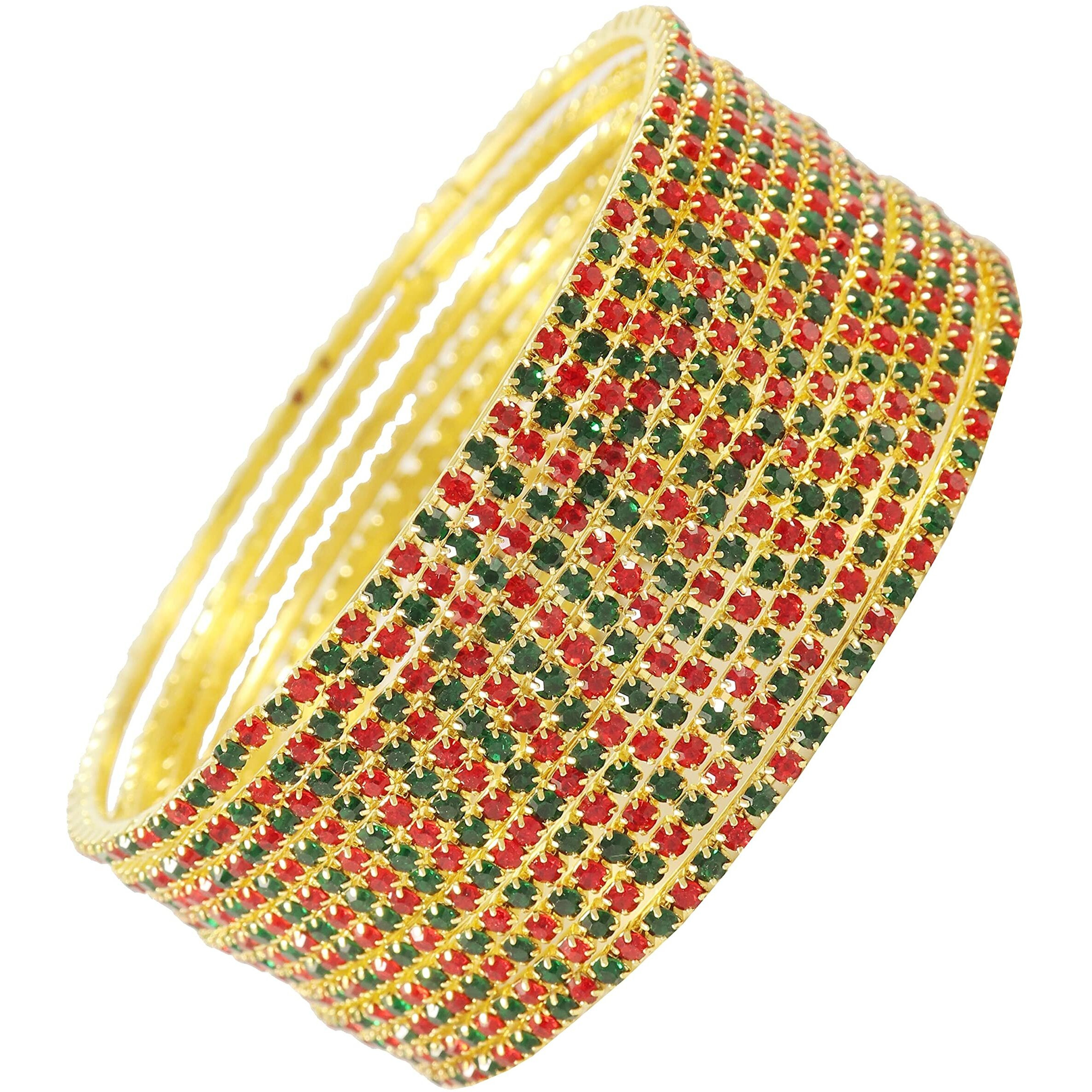 ZULKA Non-Precious Metal Base Metal with Zircon Gemstone Studded worked Glossy Finished Bangle Set For Women and Girls, (RedGreen_2.8 Inches), Pack Of 12 Bangle Set