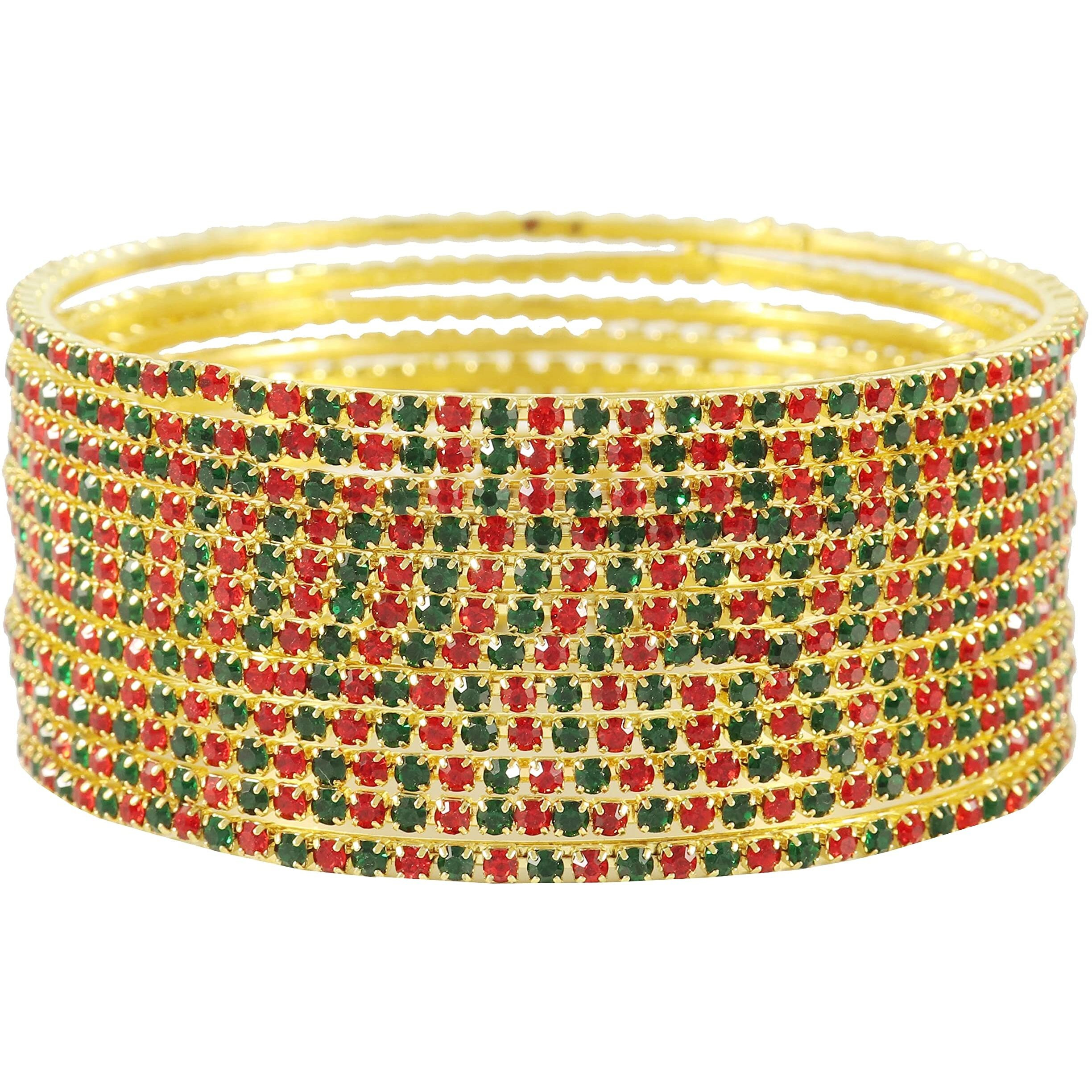 ZULKA Non-Precious Metal Base Metal with Zircon Gemstone Studded worked Glossy Finished Bangle Set For Women and Girls, (RedGreen_2.8 Inches), Pack Of 12 Bangle Set