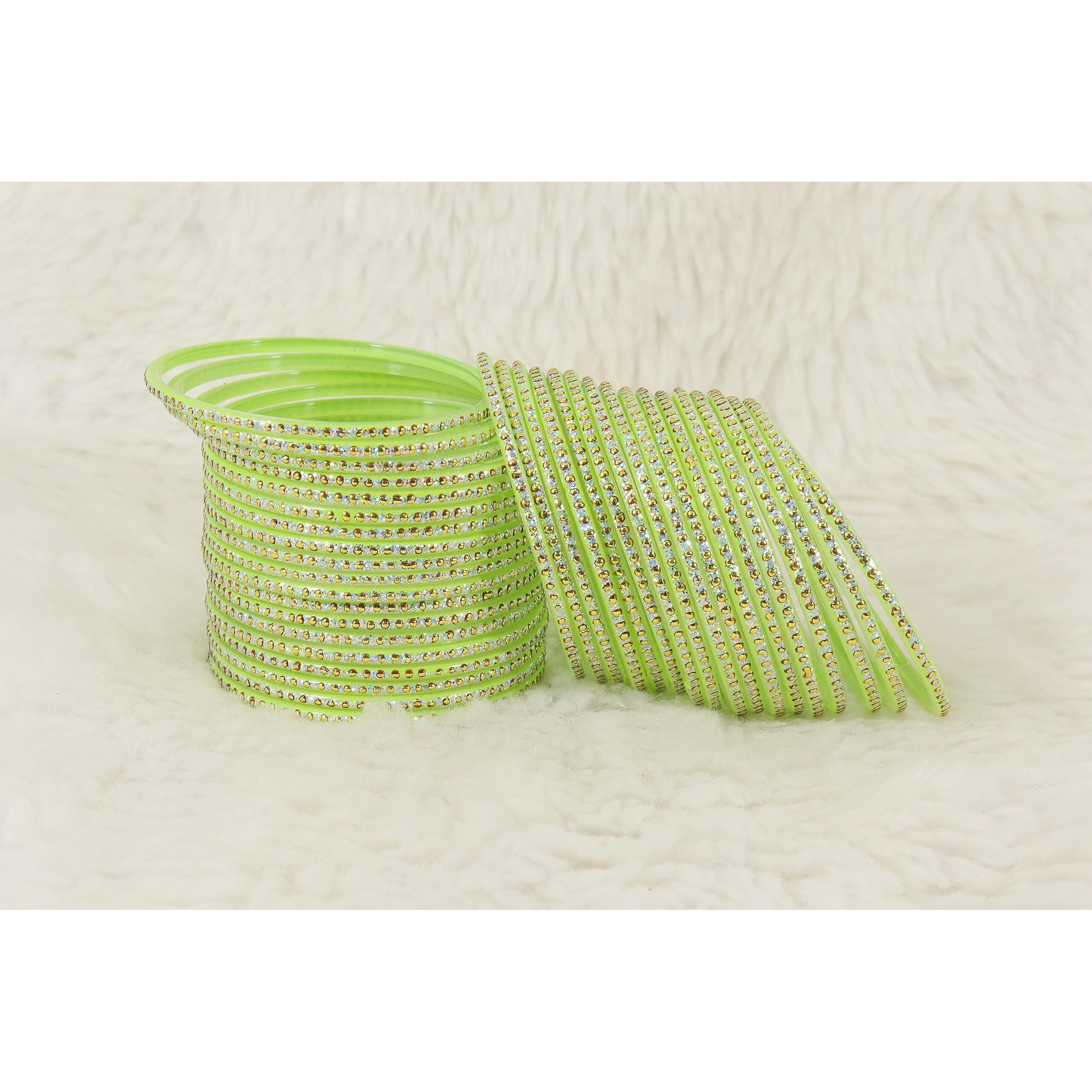 NMII Glass with Polka Dots & Glitter Stylish Fancy Bangles Set For Women & Girls | Glass Bangles | Traditional Women Bangles - Pack of 36 Bangle, (F181-Momos-TGreen-2.8 Inches), Pack Of 36 Bangles