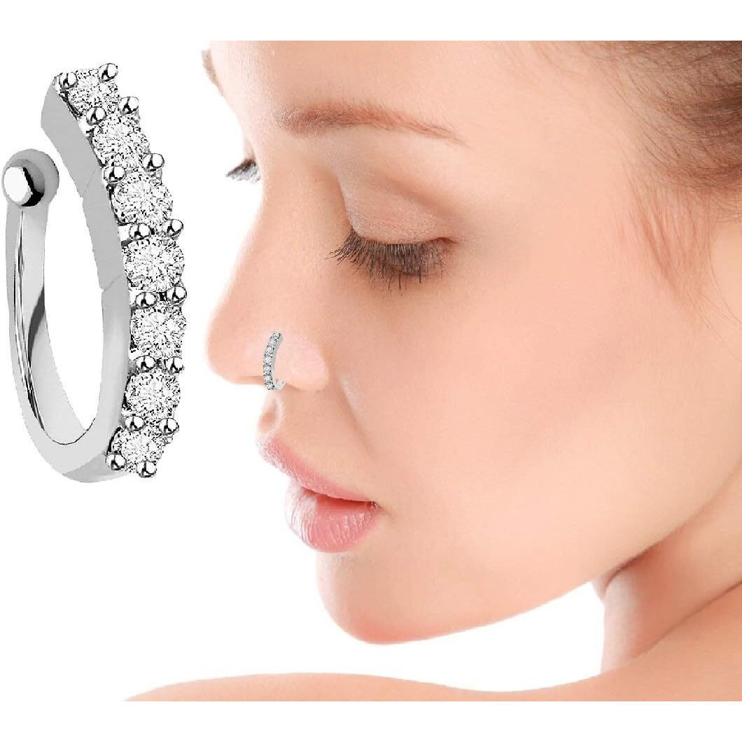 VAMA FASHIONS Without Piercing Clip on Silver Nose pin without Hole Pressing Type Press Nose ring for Women (Pressing Silver nose ring)