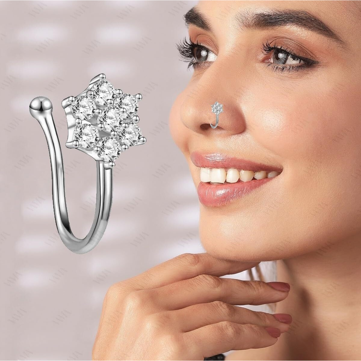 VAMA FASHIONS Without Piercing Clip on Silver Nose pin without Hole Pressing Type Press Nose ring for Women (Press Silver Nose Studs)