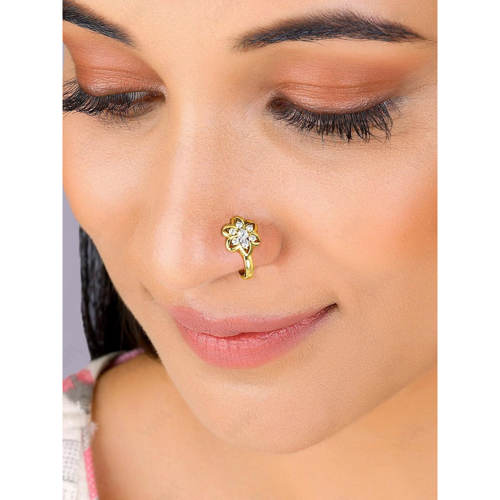 VAMA FASHIONS Clip on Golden Nose pin without Hole Non Piercing Pressing Type Nose ring Stud for Women & Girls (white Nose pin)