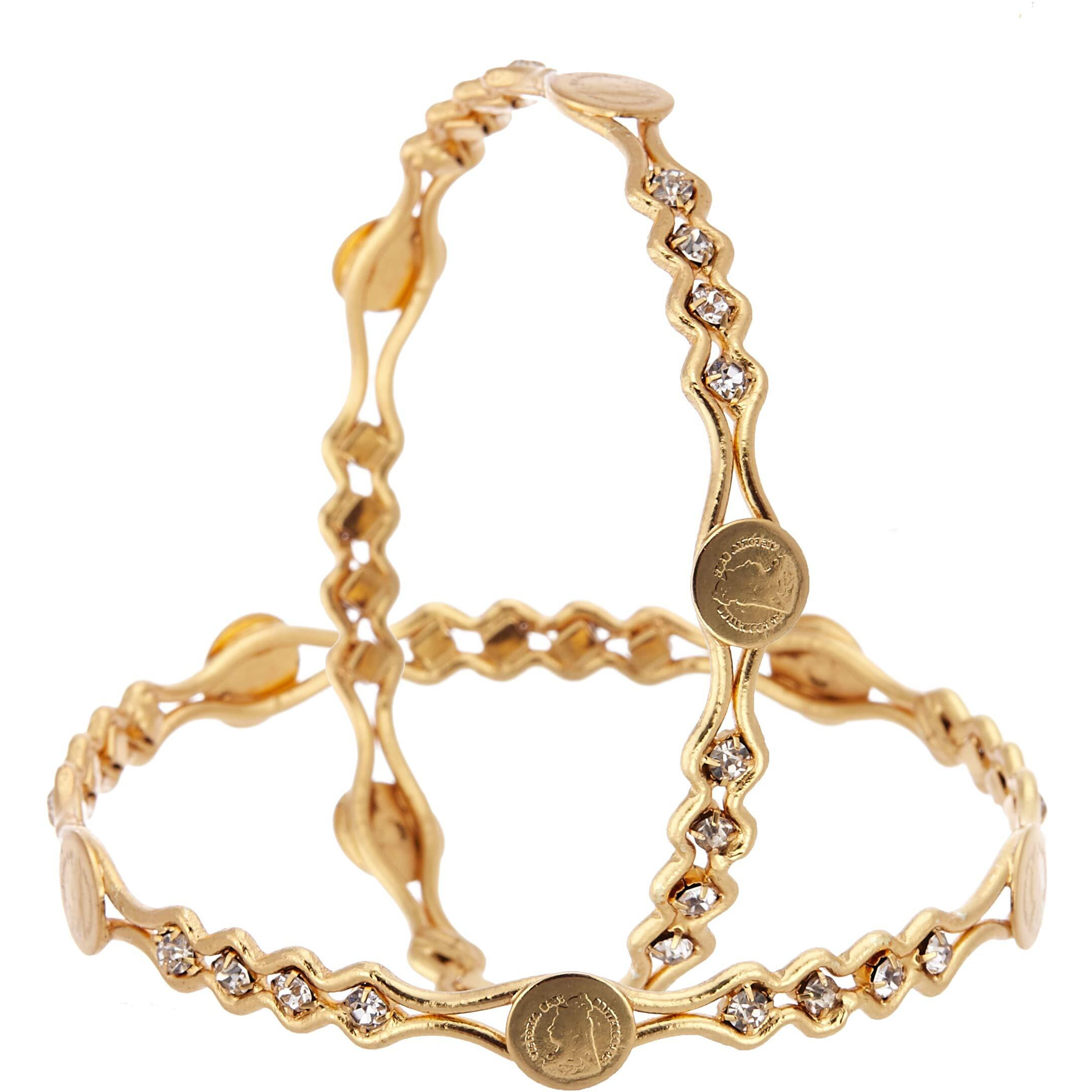 ZENEME Rose Gold-Plated White American Diamond studded Temple Coin Bangles Jewellery Set for Girls and Women (Set Of 2) (Gold, 2.4)