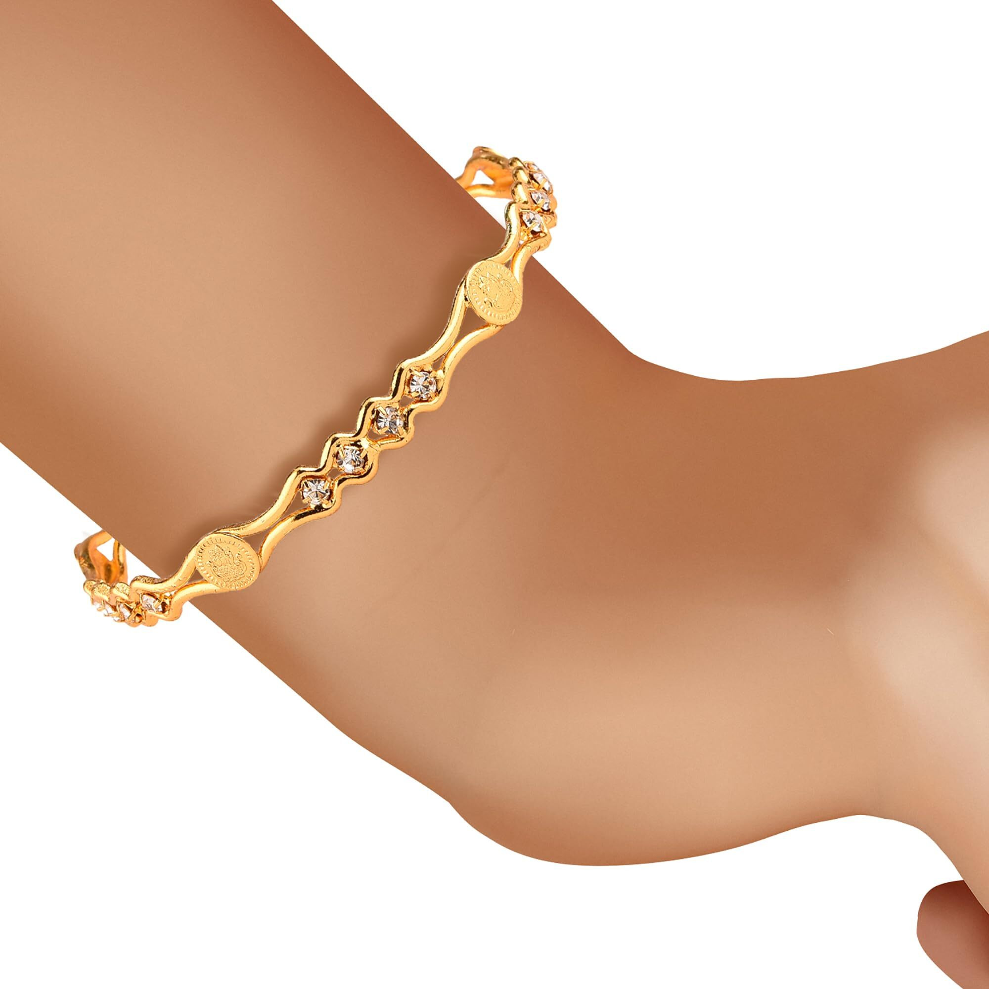 ZENEME Rose Gold-Plated White American Diamond studded Temple Coin Bangles Jewellery Set for Girls and Women (Set Of 2) (Gold, 2.4)