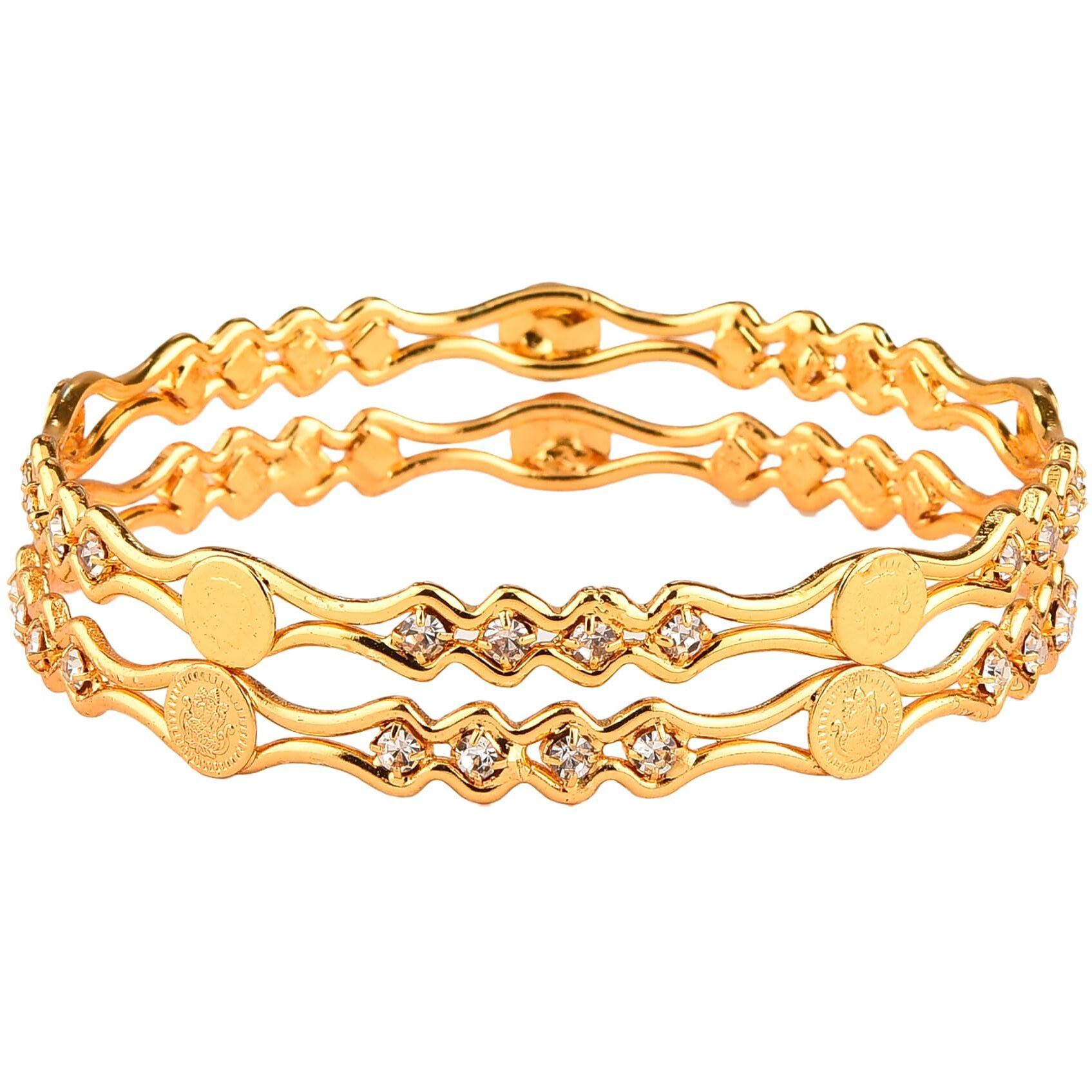 ZENEME Rose Gold-Plated White American Diamond studded Temple Coin Bangles Jewellery Set for Girls and Women (Set Of 2) (Gold, 2.4)