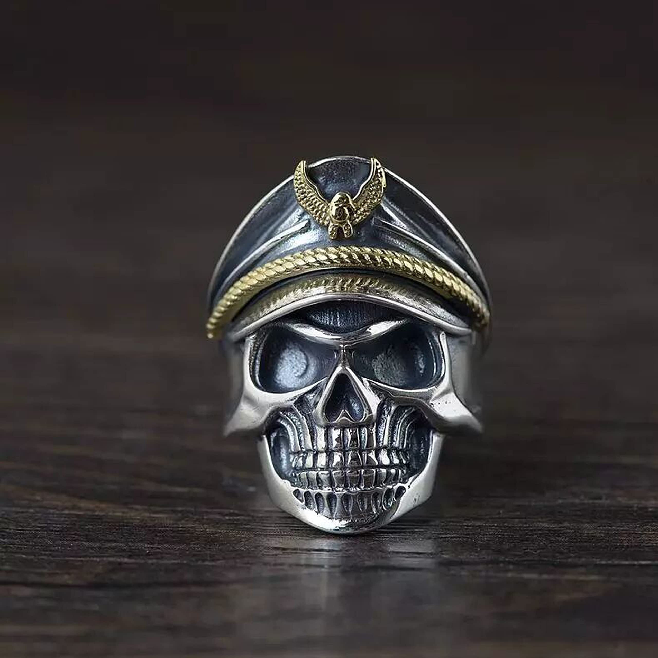 Fashion Frill Latest Mens Silver Ring For Boys Stainless Steel Captain Pirate Adjustable Silver Eagle Hat Pilot Skull Finger Ring For Men Boys Gift For Boyfriend Husband (Contemporary)