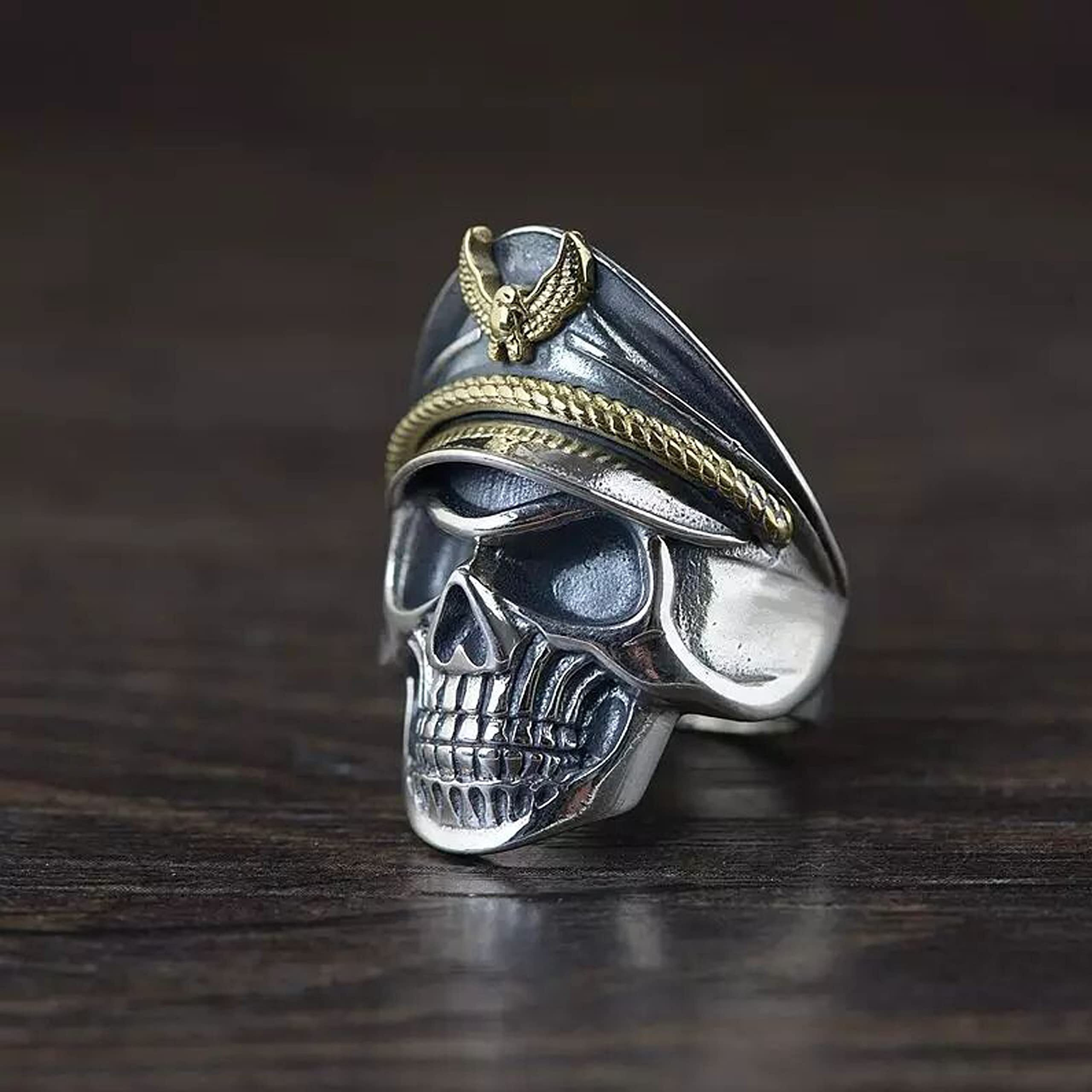 Fashion Frill Latest Mens Silver Ring For Boys Stainless Steel Captain Pirate Adjustable Silver Eagle Hat Pilot Skull Finger Ring For Men Boys Gift For Boyfriend Husband (Contemporary)