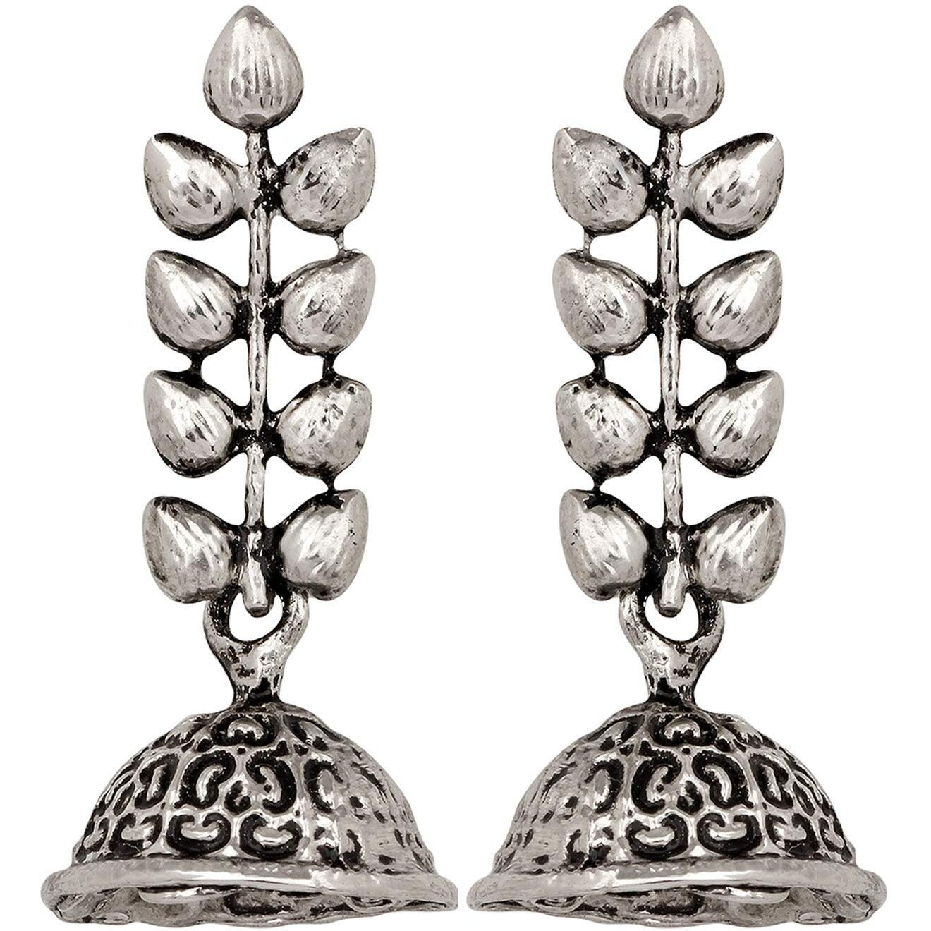 Mahi Leaf Shape Silver Oxidized Traditional Small Dangle Jhumka Earrings for Women and Girls ER1109647R
