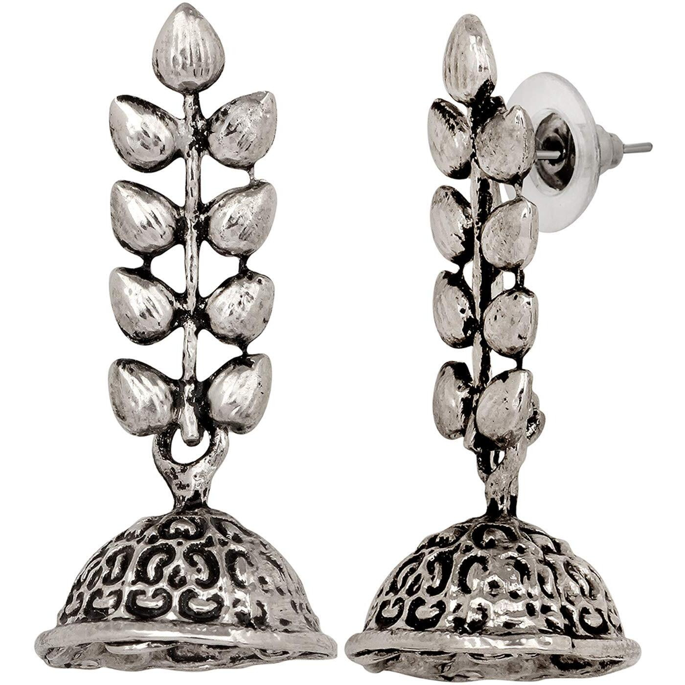 Mahi Leaf Shape Silver Oxidized Traditional Small Dangle Jhumka Earrings for Women and Girls ER1109647R