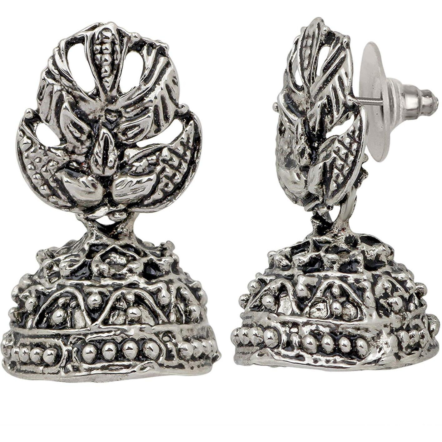 Mahi Leaf Tree Shape Silver Oxidized Traditional Small Dangle Jhumka Earrings for Women and Girls ER1109654R