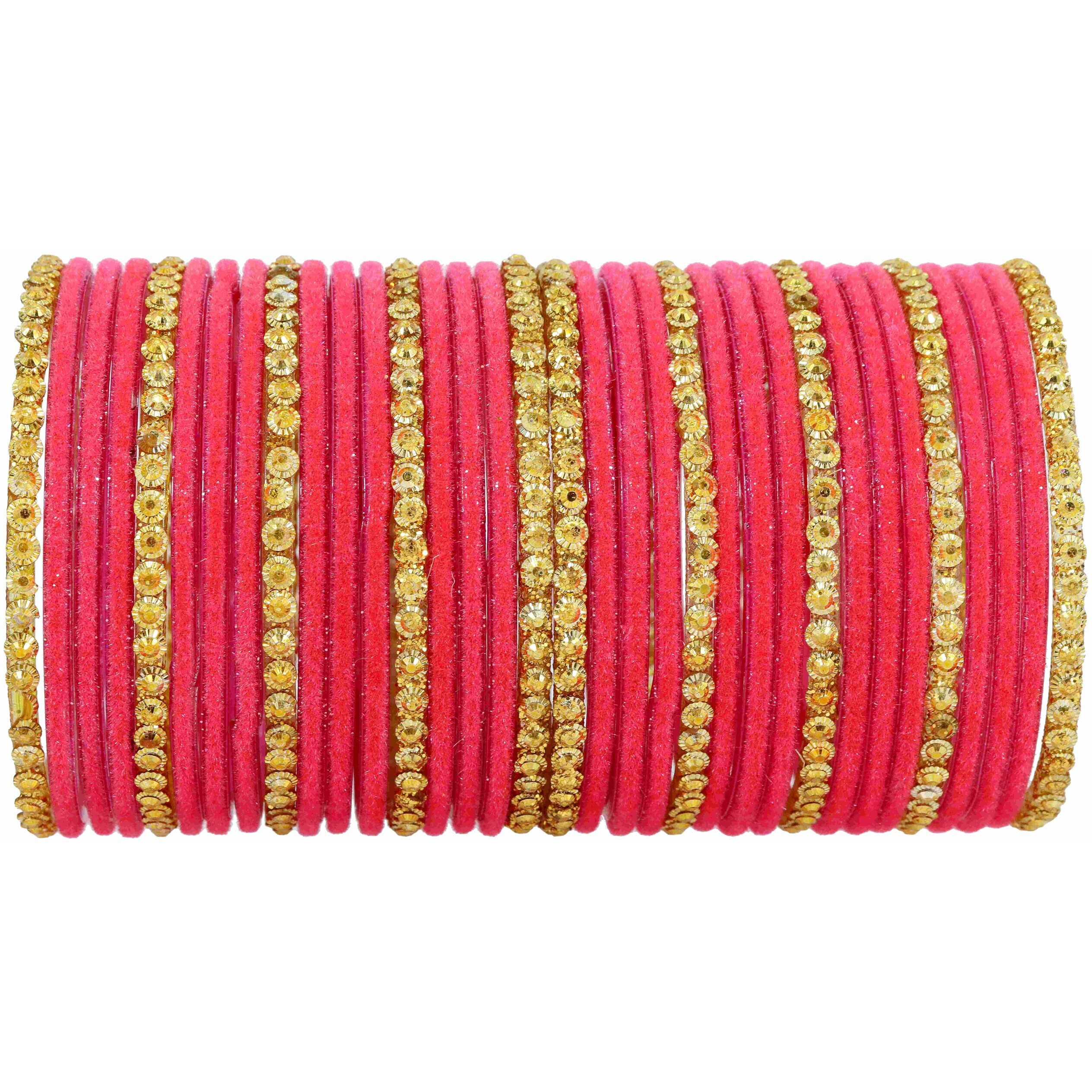NMII Stylish Glass & Golden Beads Velvet Bangle Set For Women and Girls | Fancy Womens Bangles | Traditional Chudi Set, (F133_Guddan-(3)-Watermelon-2.2 Inches)