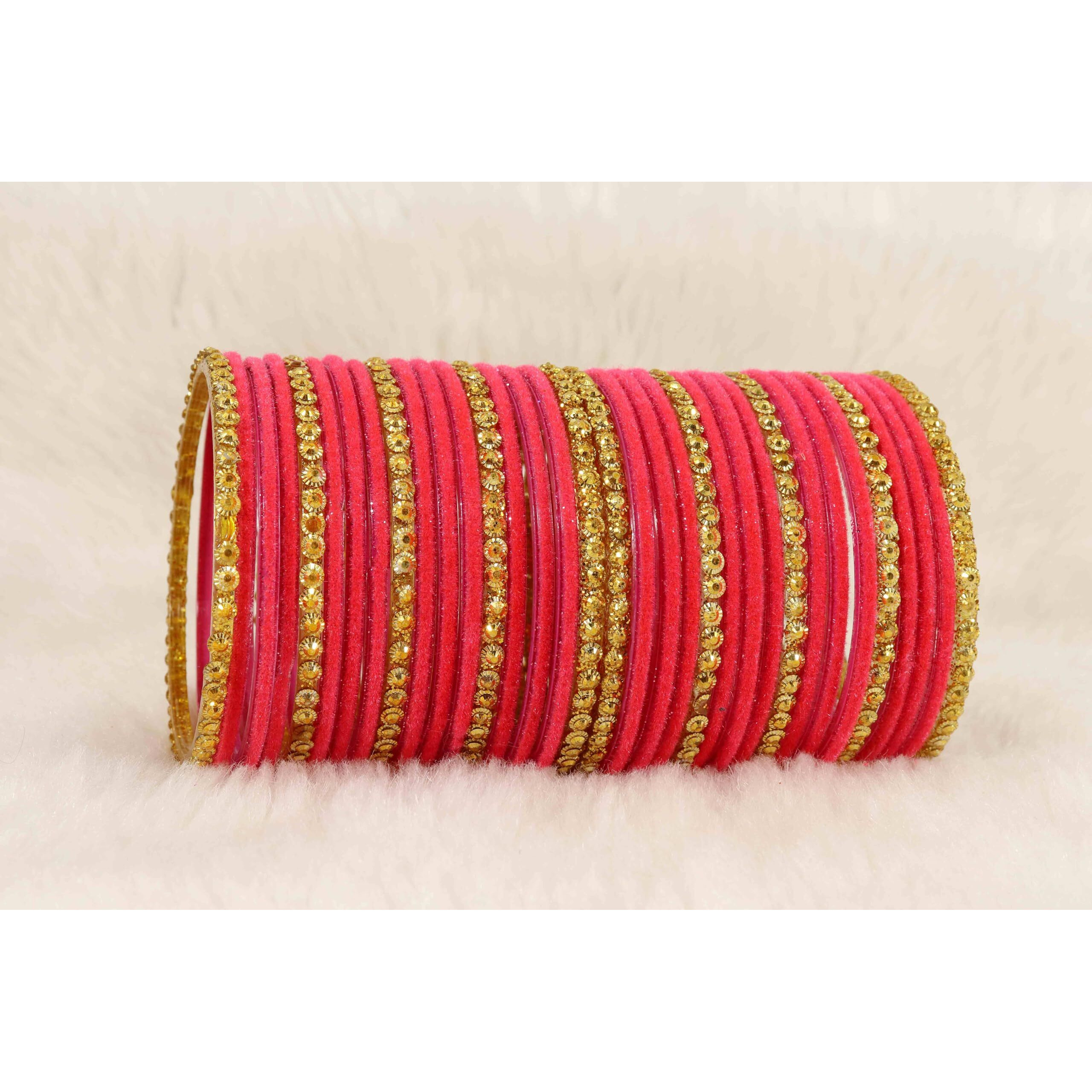 NMII Stylish Glass & Golden Beads Velvet Bangle Set For Women and Girls | Fancy Womens Bangles | Traditional Chudi Set, (F133_Guddan-(3)-Watermelon-2.2 Inches)