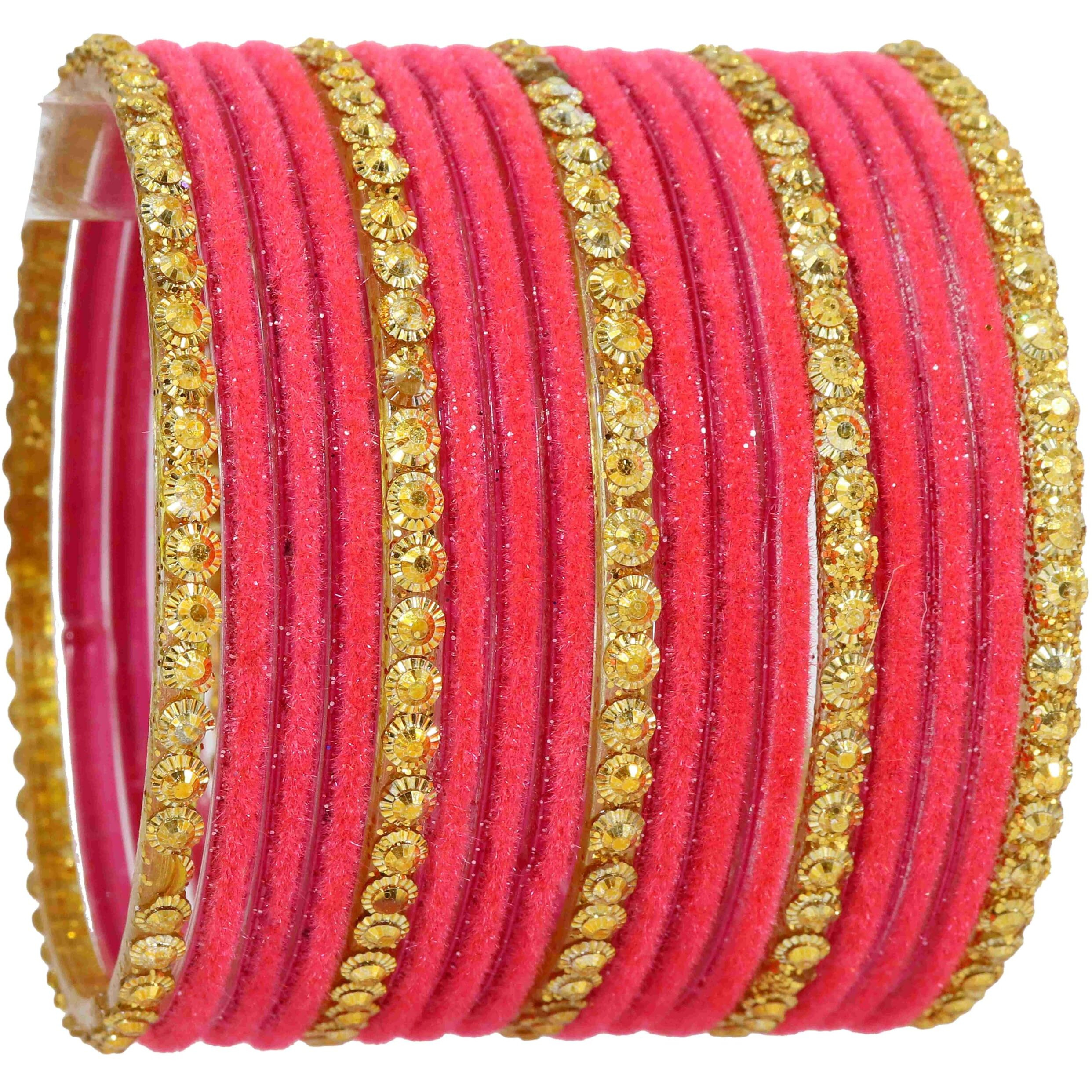NMII Stylish Glass & Golden Beads Velvet Bangle Set For Women and Girls | Fancy Womens Bangles | Traditional Chudi Set, (F133_Guddan-(3)-Watermelon-2.2 Inches)