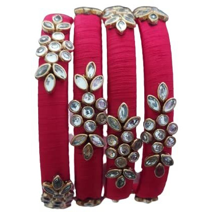 IJYA Sihan Handicrafts Kundan Work Silk Thread Bangle Kada For Women Girls 4 PC Set Wedding & Festive Occasion Handmade Multicolored Chura Chuda Chudi Stone Studded (RED, 2.4)